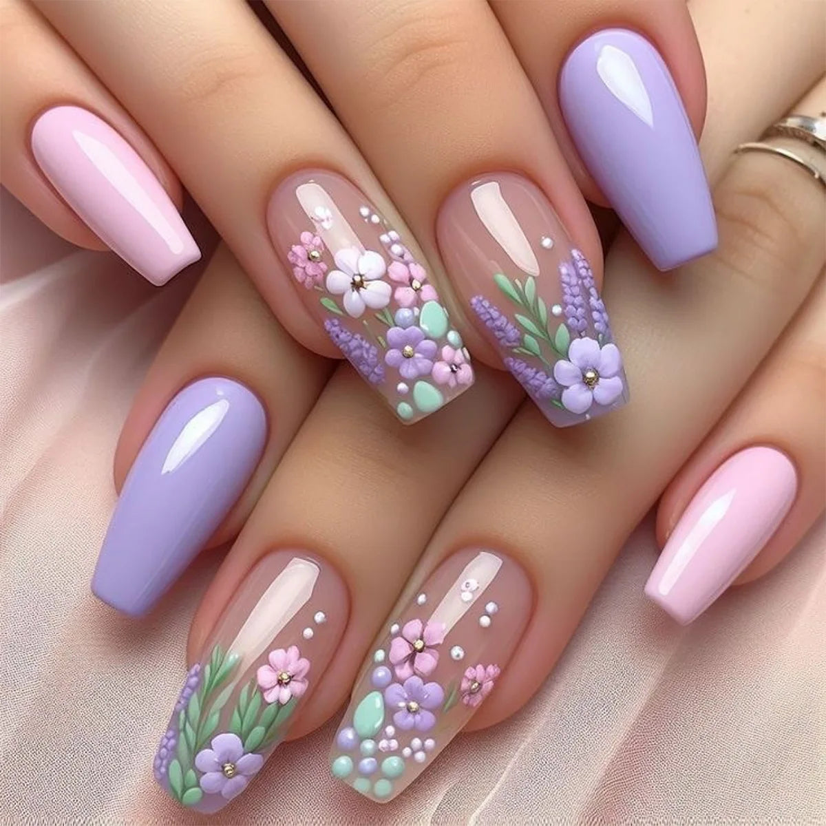 24Pcs Medium Length Ballet Fake Nails - Full Cover Yellow Cute Bee Design with Glue - French Manicure Tips with Colorful Flowers - Perfect for Parties, Weddings & Daily Wear