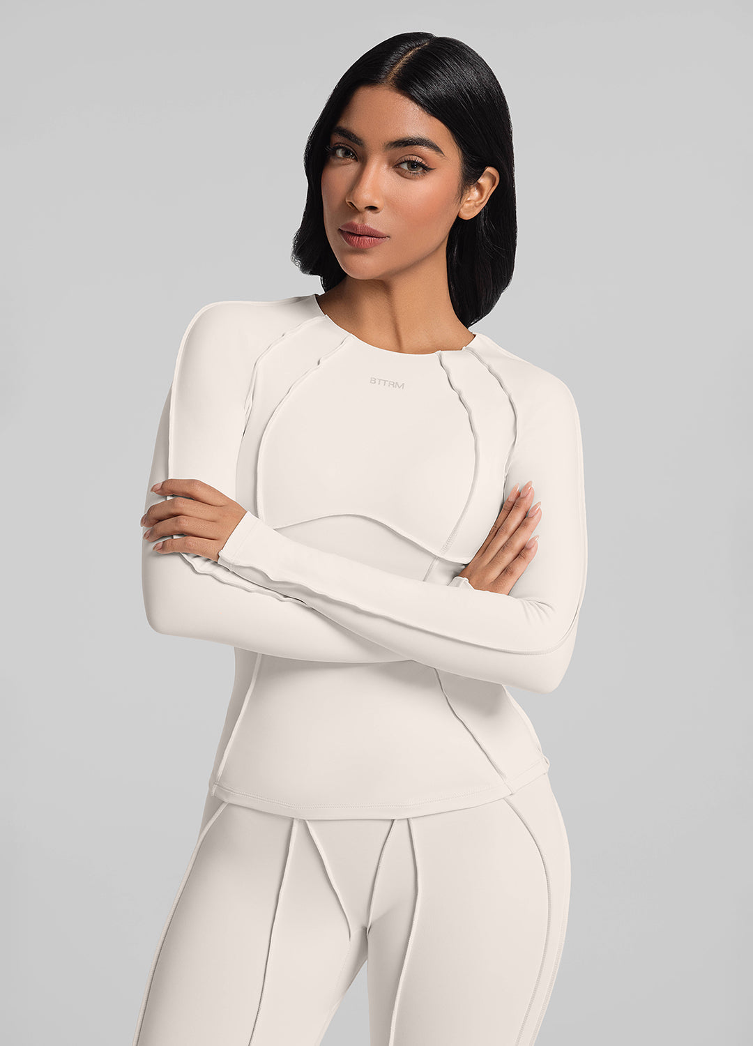 Contour Stitch Long Sleeve T-Shirt for Women - Slim Fit Stretchy Casual Top for Everyday Wear, Workout & Layering
