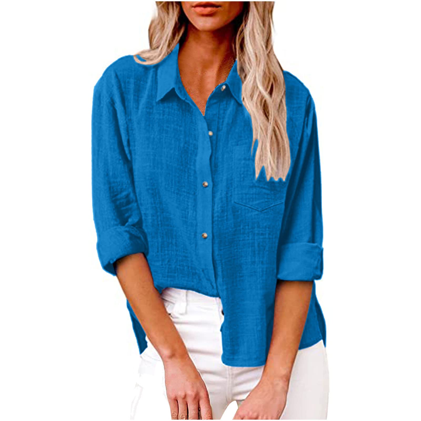 Women's Linen Long Sleeve Blouse with One Button Lapel - Elegant Slim Fit Work & Casual Tops - Perfect for Office Wear, Business Meetings & Weekend Outfits