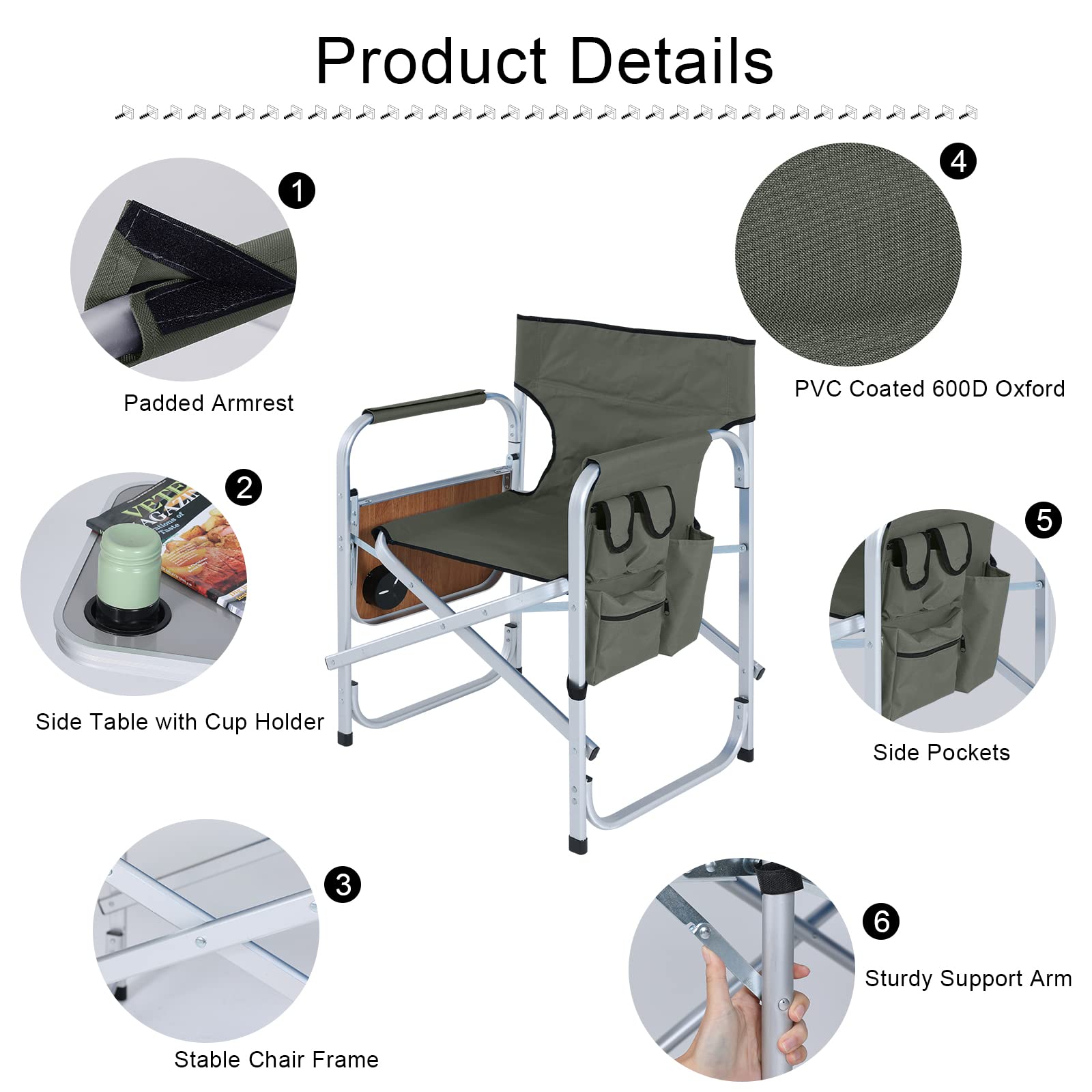 ABCCANOPY Folding Directors Chair - Portable Outdoor Camping Chair with Side Table & Storage Pockets - Perfect for Beach, Picnic, Backyard, and Makeup Artist Use - Dark Gray
