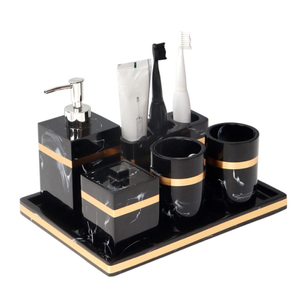 Premium Black Bathroom Accessories 5-Piece Set - Resin Marble Texture with Gold Accents, Includes Tray, Toothbrush Holder & Tissue Box Dispenser - Elegant Toilet Organizer for Home, Office & Hotel Bathrooms