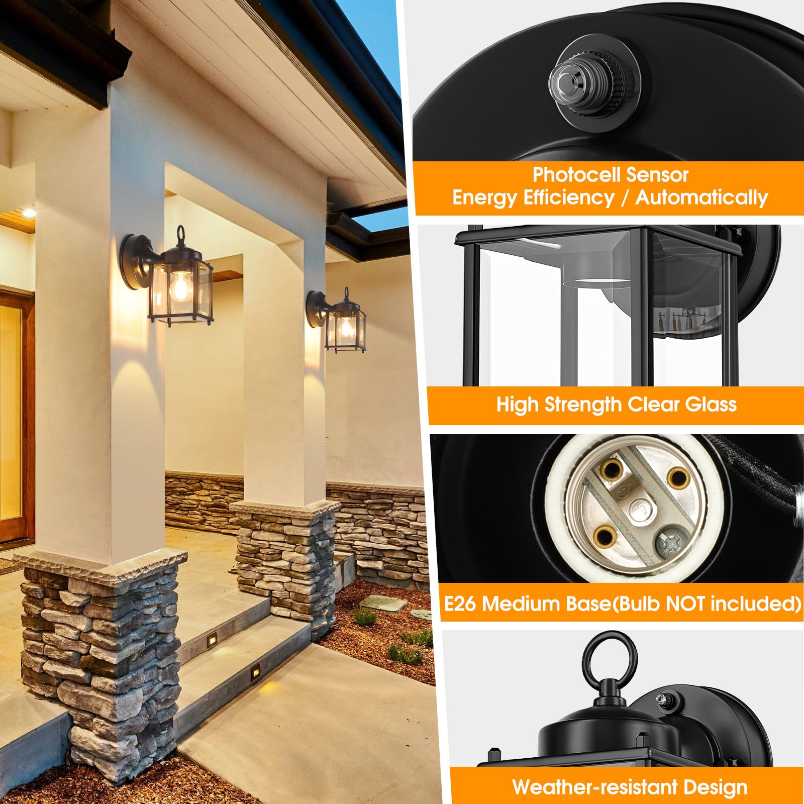 **Dusk to Dawn Sensor Outdoor Wall Sconce - Waterproof Exterior Wall Mount Lantern with Clear Beveled Glass - Black Front Porch Lights (2 Pack) - Perfect for Patio, Garden, and Entryway Lighting**