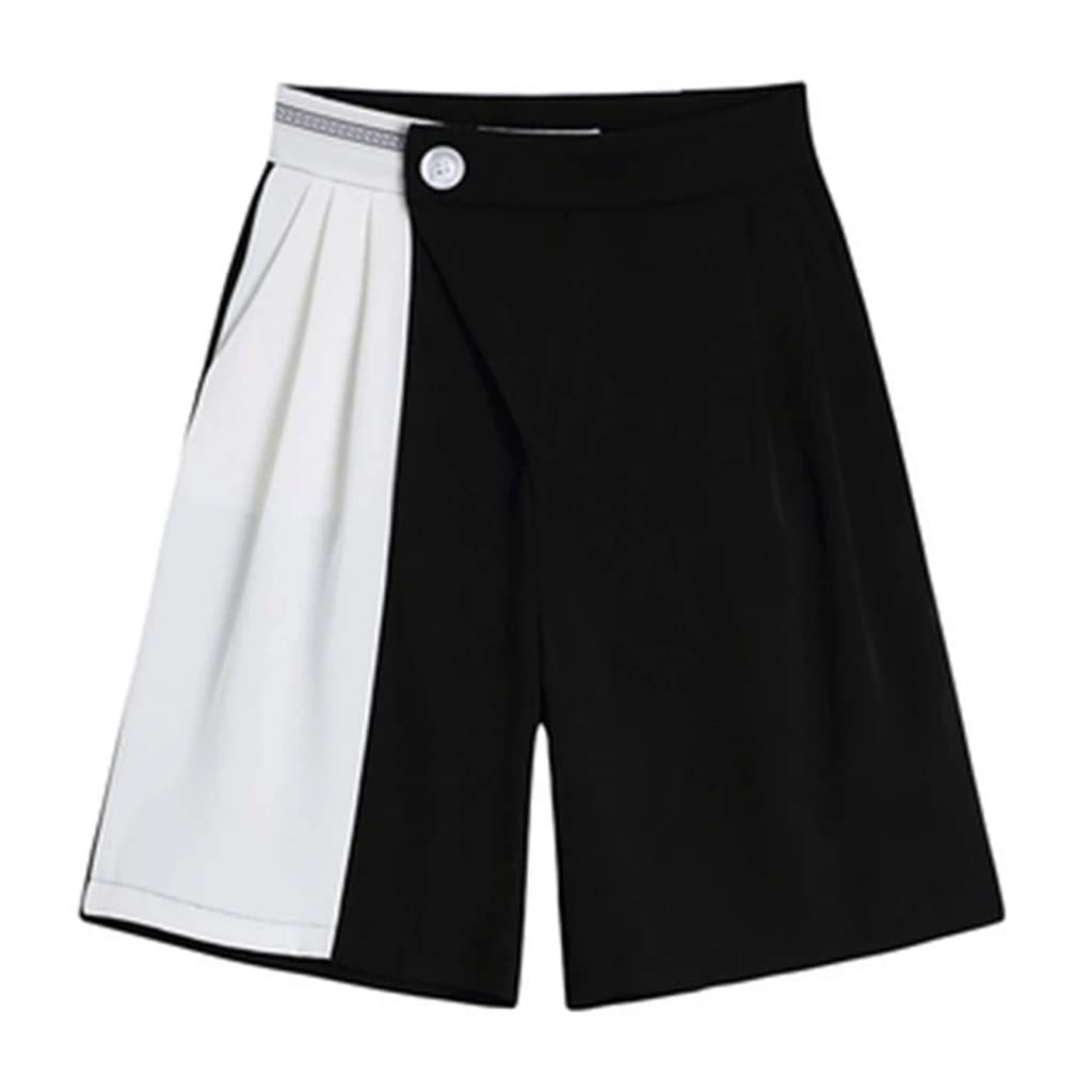 LEIGE Women's High Waist Wide Leg Shorts - Black & White Patchwork Cotton Loose Casual Shorts for Summer, Beach, Travel & Everyday Wear (Color: A, Size: M)