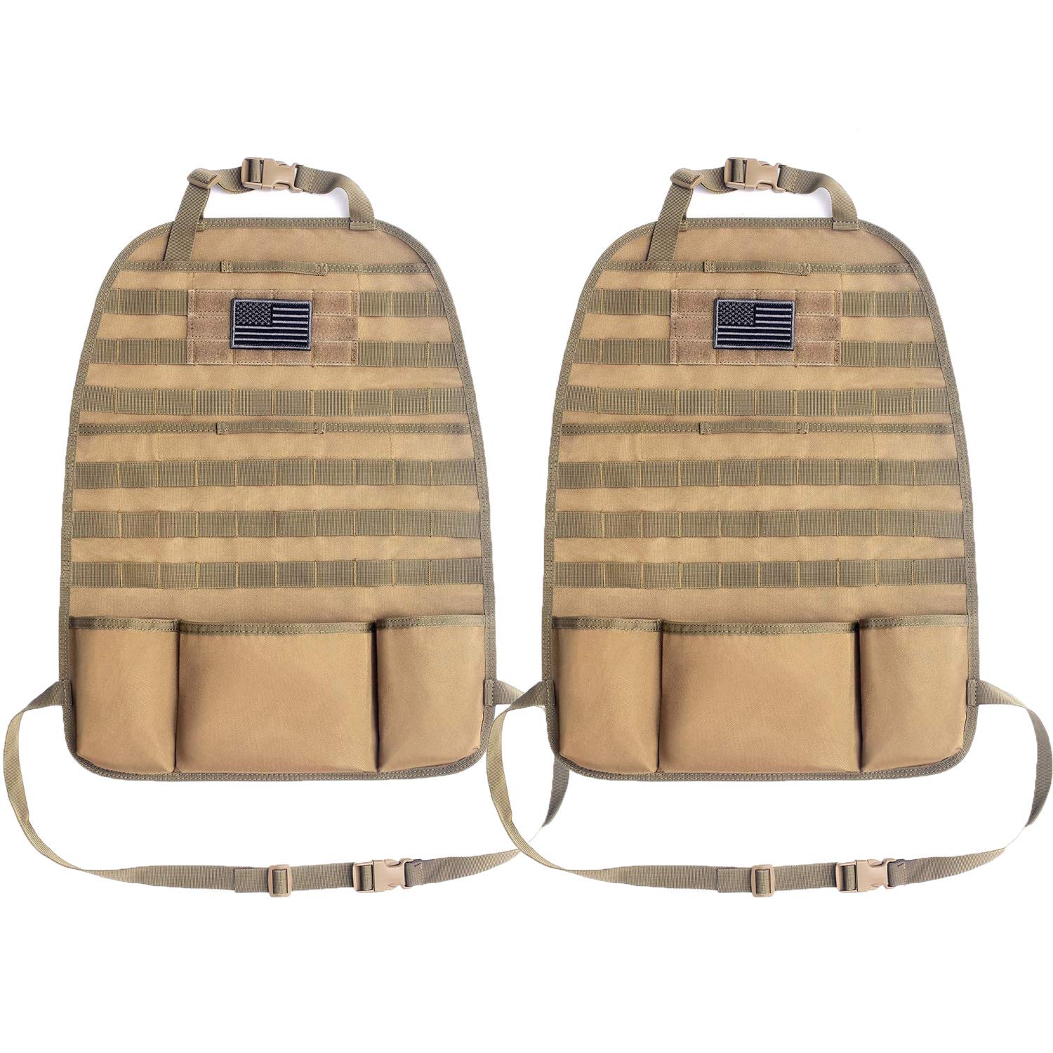 Tactical Car Seat Back Organizer - Universal Fit Molle Vehicle Panel with Extra USA Flag Patch, 2 Pack Coyote Brown - Perfect for Road Trips, Camping & Outdoor Adventures