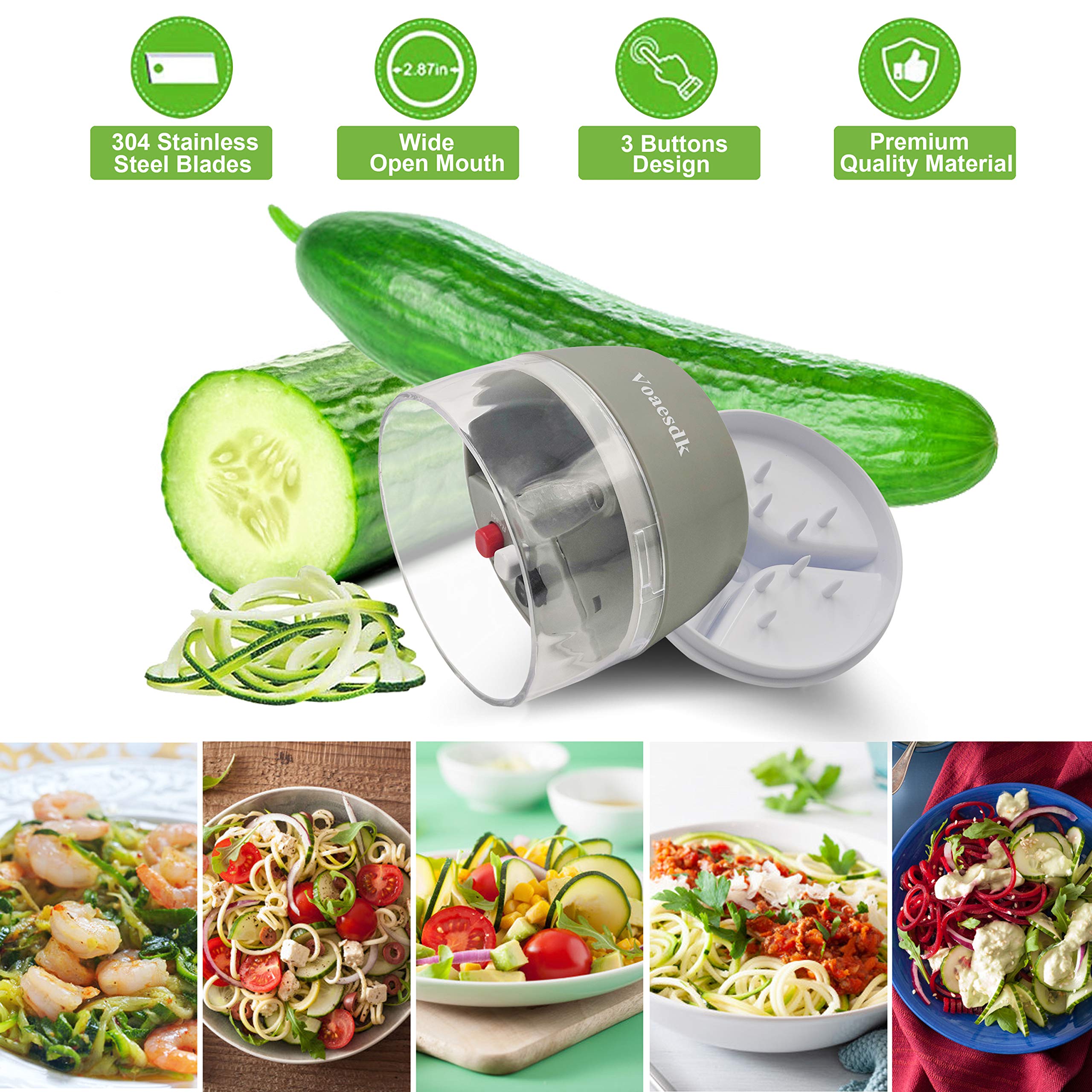 4-in-1 Heavy Duty Handheld Spiralizer Vegetable Slicer - Zucchini Spaghetti Maker for Carrots, Cucumbers, Onions & Fruits - Perfect for Salads, Pasta Dishes & Healthy Snacks (Gray)