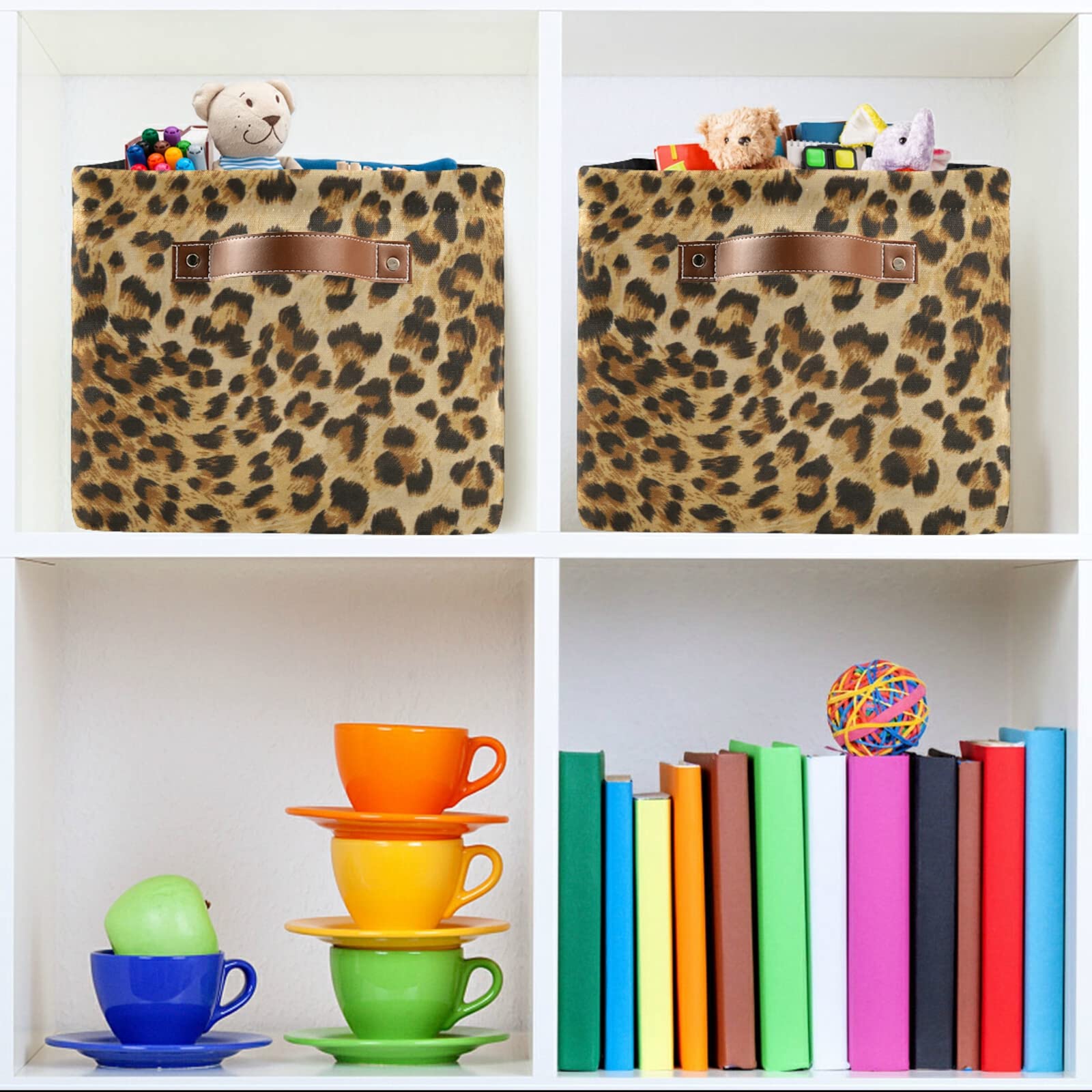 Leopard Print Canvas Storage Bin - Large Animal Toys Basket Cube Box with Handles for Home Office Bedroom Closet Shelves (2 Pack) - Perfect for Kids' Room Organization & Pet Toy Storage