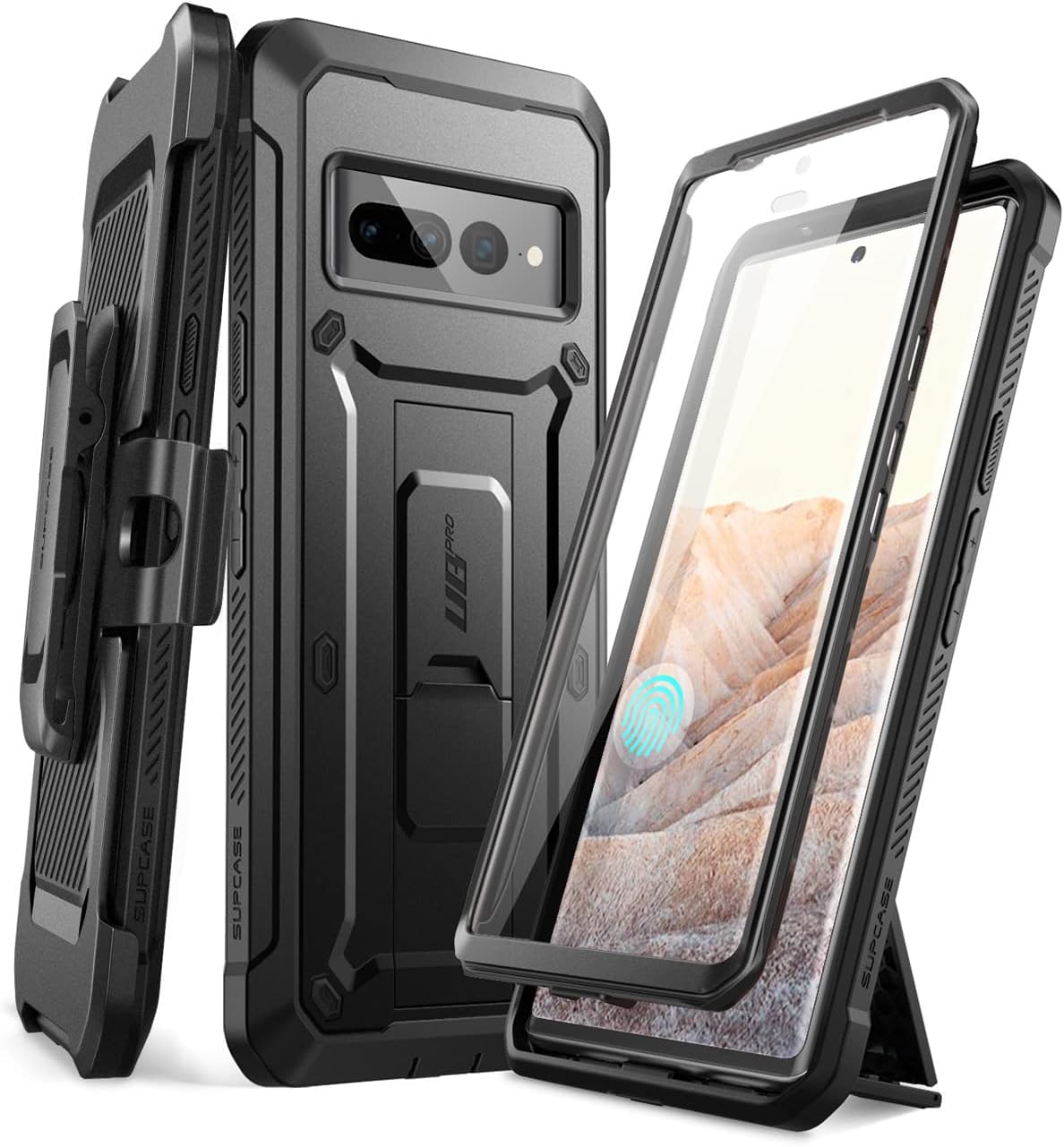 Google Pixel 7 Pro Rugged Case with Belt Clip & Kickstand - Shockproof Full Body Protection + Screen Protector - Black - Perfect for Outdoor, Work & Active Lifestyle