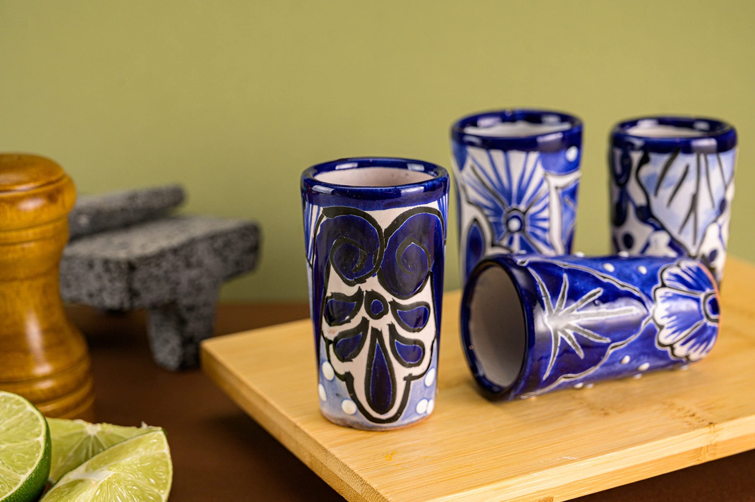 Authentic Mexican Talavera Shot Glasses Set of 4 - Hand-Painted 2oz Tequila Glasses (Blue) - Perfect for Margaritas, Parties & Mexican-Themed Decor