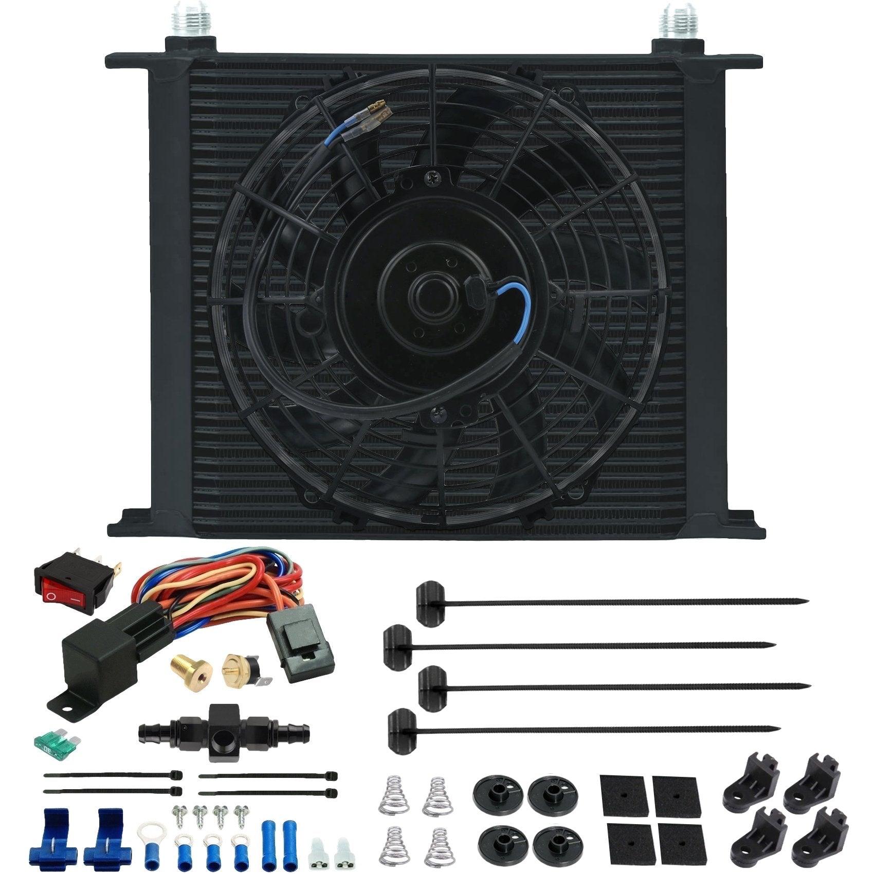 34 Row Transmission Oil Cooler with Electric Fan - 6AN & 10AN Fittings, Thermostat Switch - Perfect for High-Performance Vehicles & Racing Applications