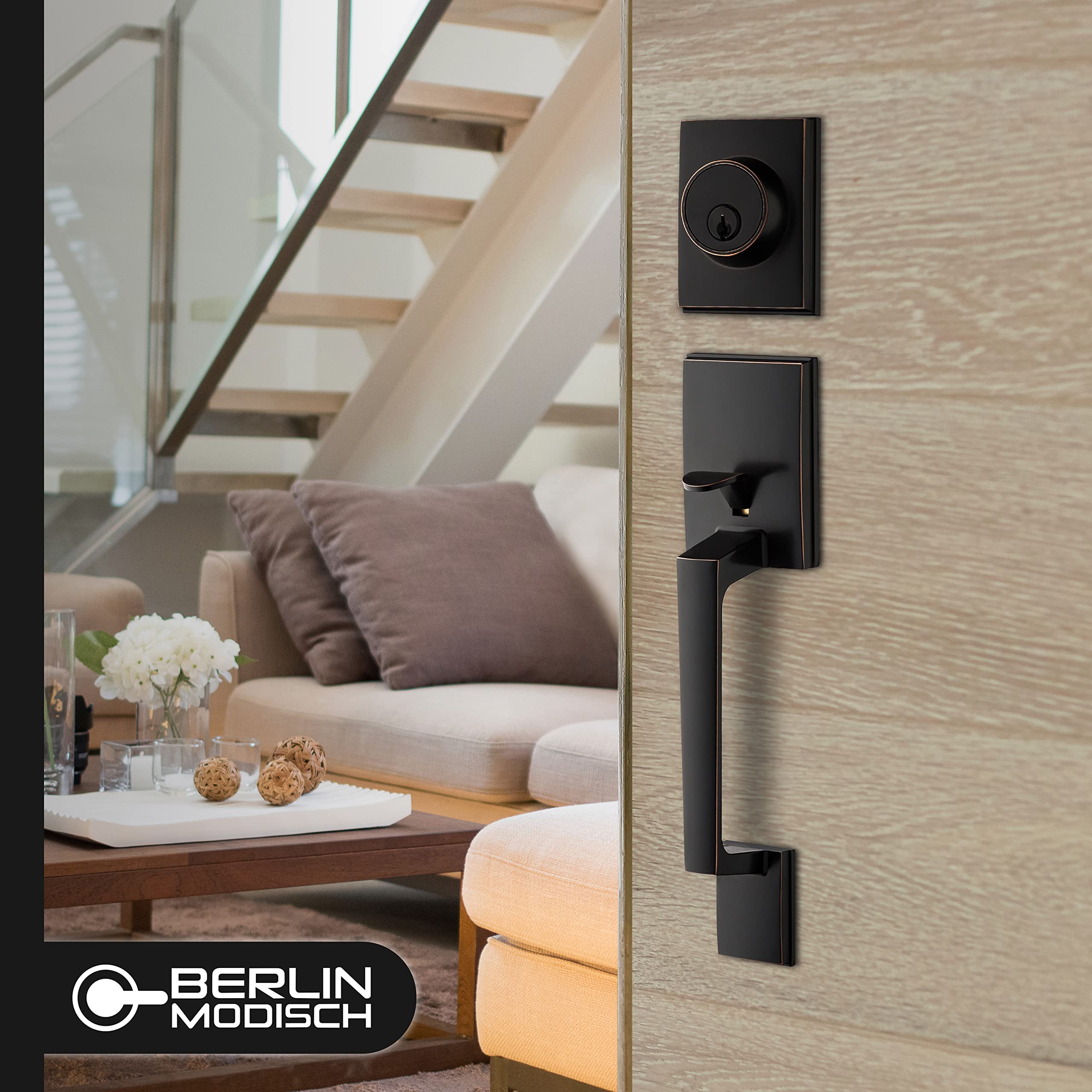 Berlin Modisch Single Cylinder Lever Door Handle Set - Reversible for Right/Left Handed - Oil Rubbed Bronze Finish - Perfect for Entrance & Front Doors - Durable & Stylish Home Security Solution
