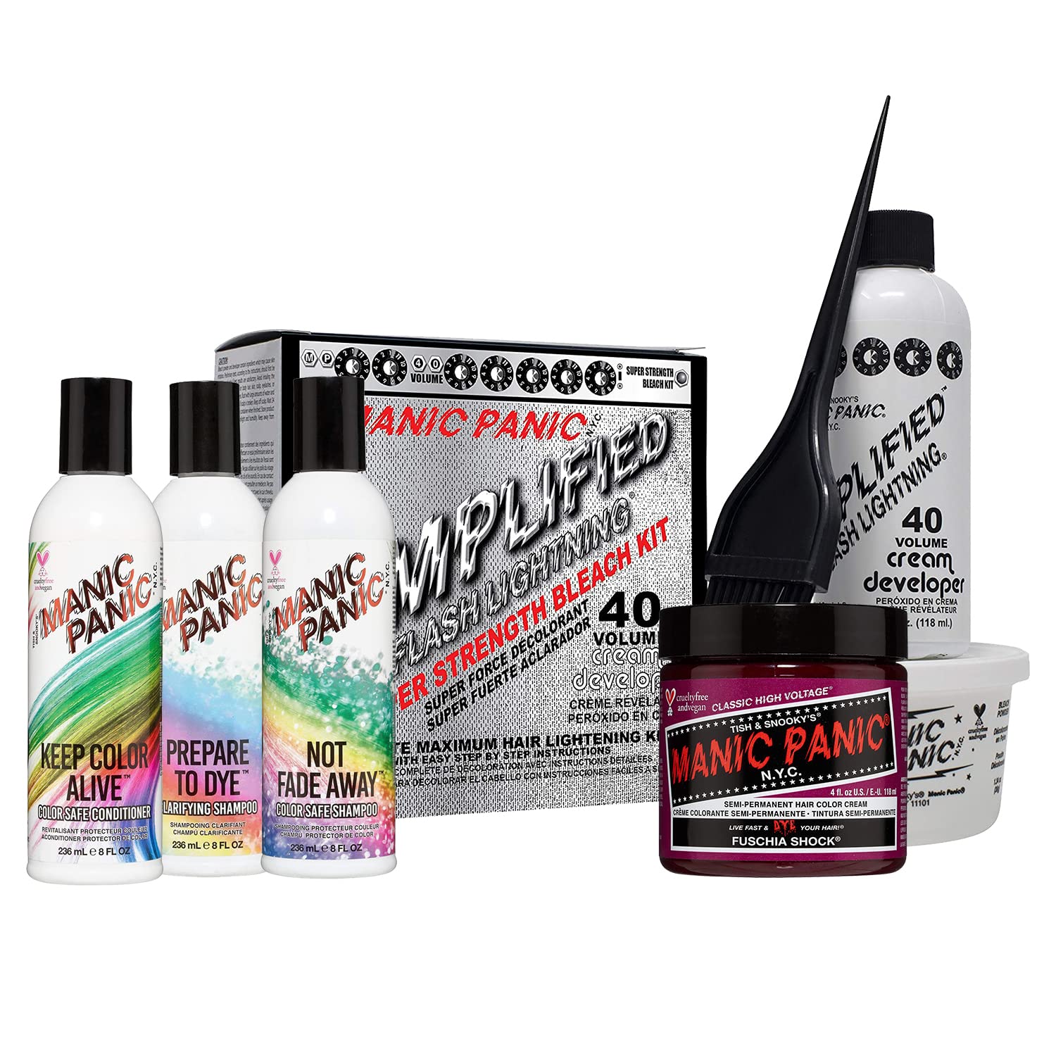 MANIC PANIC Fuschia Shock Dark Pink Semi-Permanent Hair Dye Kit with 40 Volume Bleach Developer, Clarifying Shampoo & Color-Safe Conditioner Set - Vibrant Fashion Hair Color for Parties, Cosplay & Creative Styling