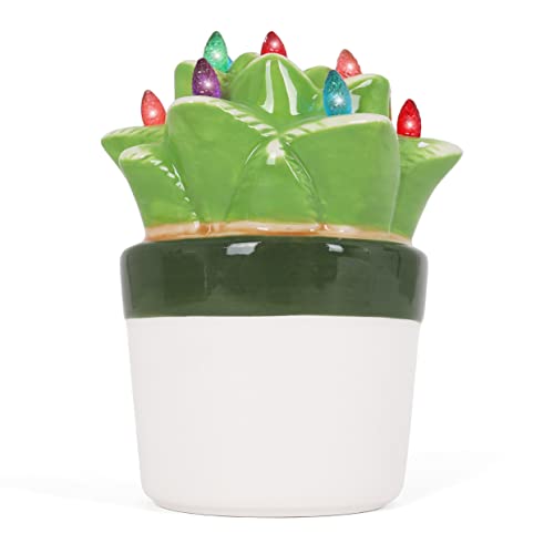 Milltown Merchants Ceramic Christmas Aloe Succulent with LED Lights - Vintage Tabletop Holiday Decor for Home, Office & Gift Giving - Festive Indoor Plant Decoration for Christmas, Winter & Year-Round Display