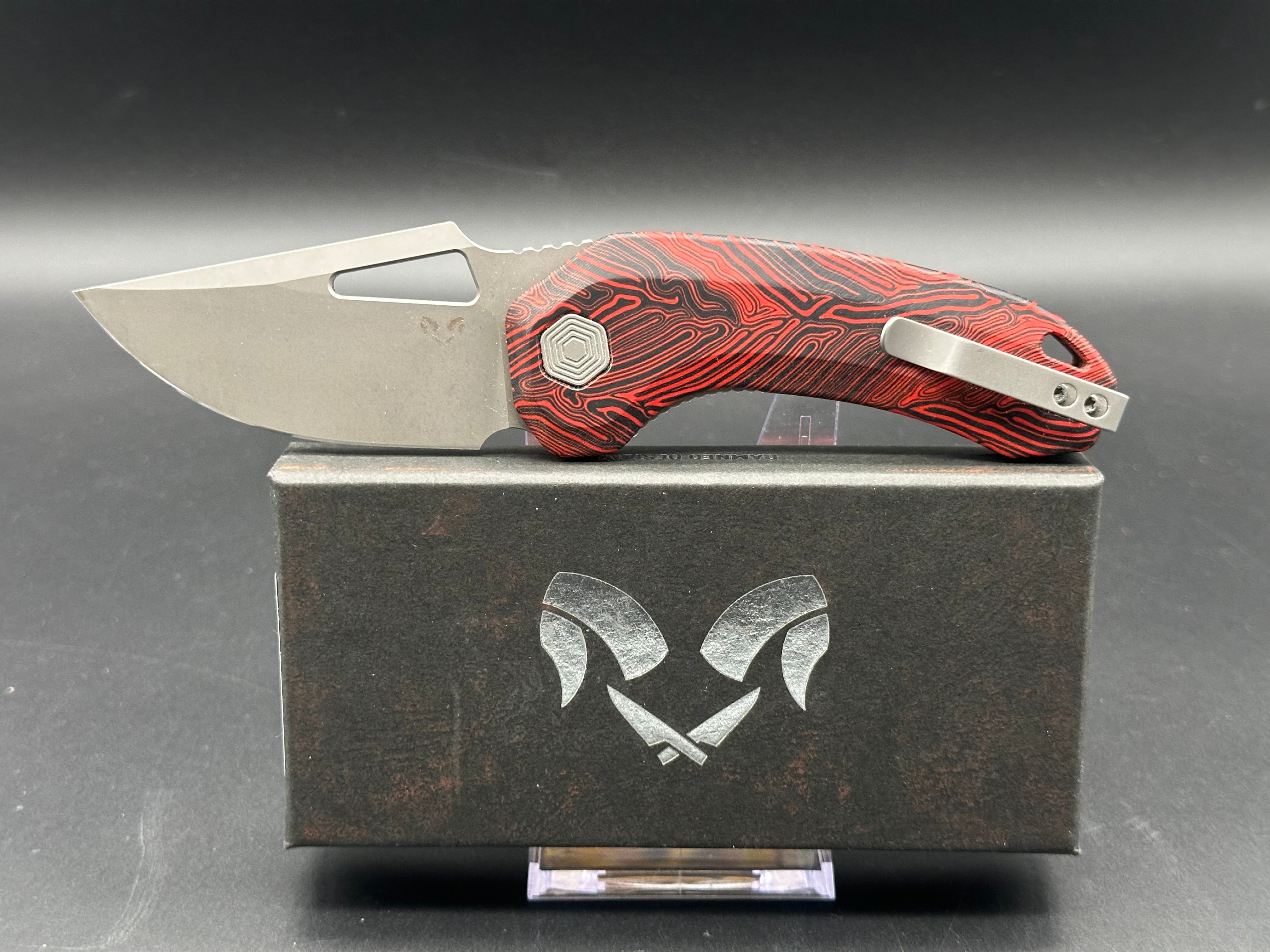 Damned Designs Djinn XL Liner Lock Folding Knife - Red/Black Damascus Steel Blade, 3.5