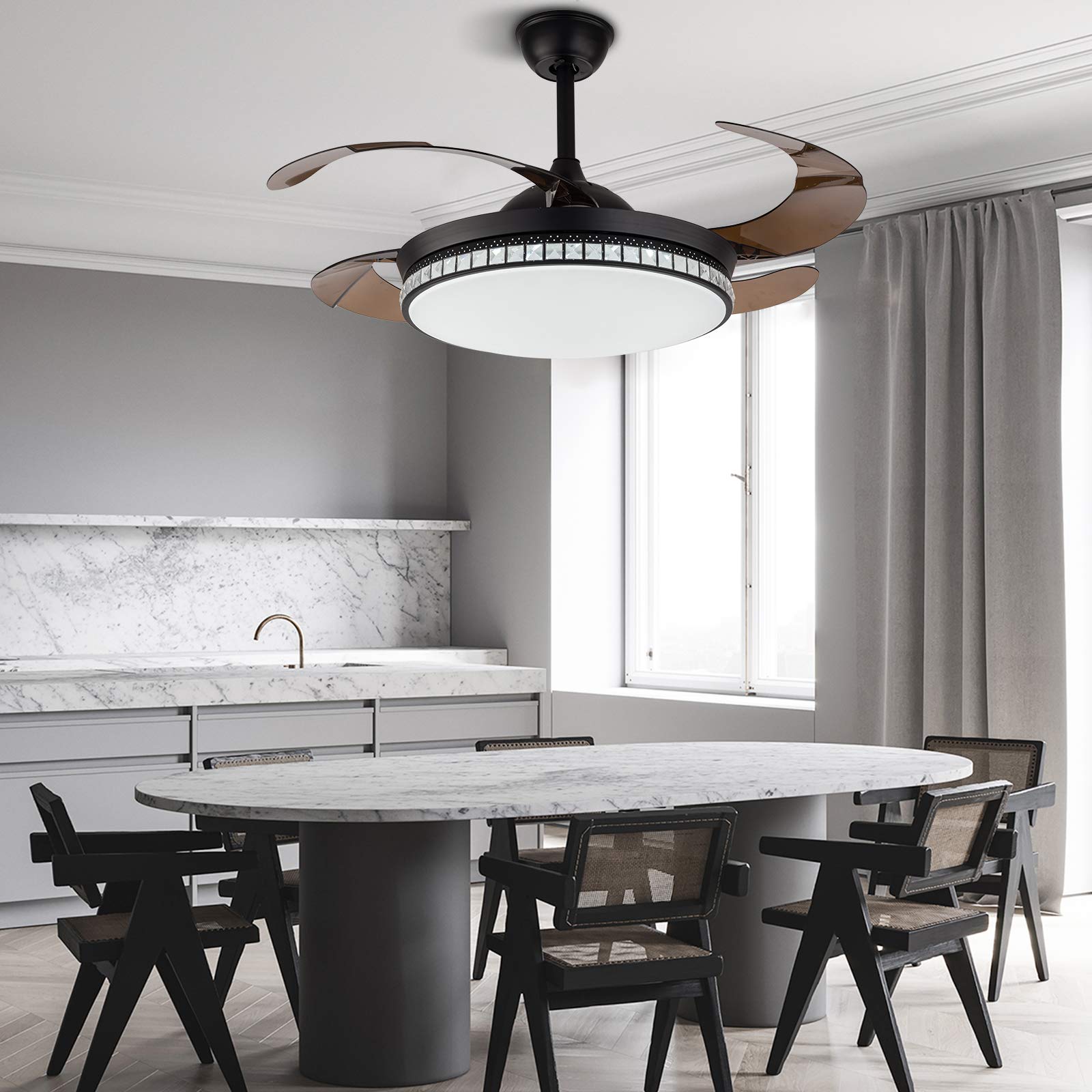 42 Inch Modern Crystal Ceiling Fan with Remote Control - 4 Retractable Blades, Quiet Motor & Timer Function - Energy Efficient Indoor Ceiling Light with Fan for Bedroom, Living Room, Kitchen (Black) | Perfect for Home Cooling & Stylish Lighting Decor