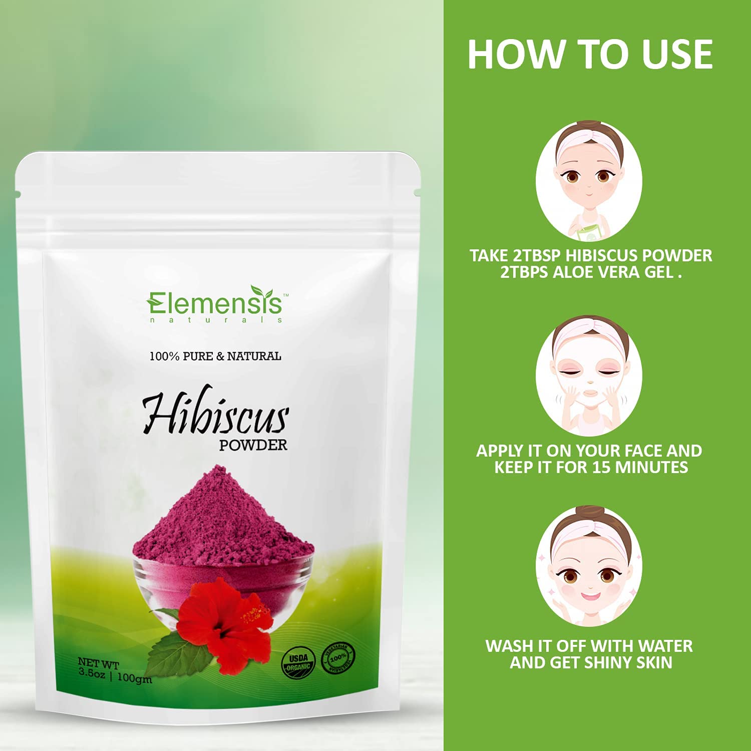 Elemensis Naturals Pure Organic Hibiscus Powder for Hair & Skin Care - 100g | Natural Hair Mask, Face Mask & Scalp Treatment for Healthy Growth & Glow | DIY Beauty & Wellness at Home
