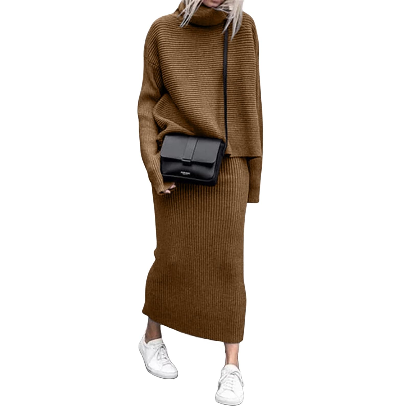 2 Piece Women's Sweater Skirt Set - Cozy Turtleneck Knit Sweater & Midi Skirt Lounge Outfit | Fall Winter Casual Wear for Home, Office & Date Nights