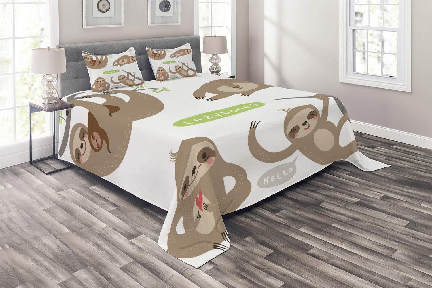 Ambesonne Sloth Quilted Bedspread Set - 3 Piece King Size with 2 Pillow Shams | Funny Lazy Sloths Hugging Family Design in Pale Brown Grey Green | Cozy Bedroom Decor for Kids Room, Nursery or Dorm