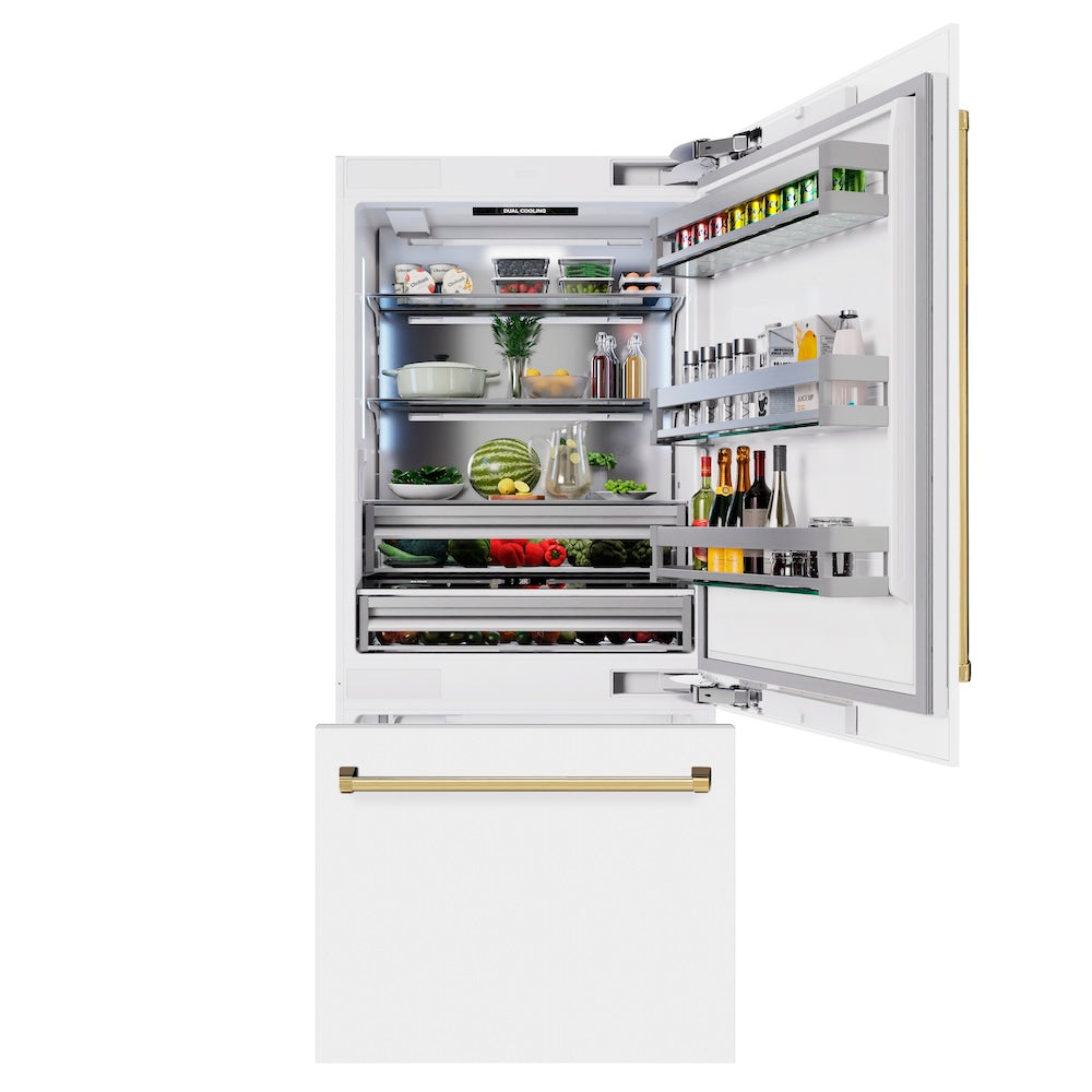 ZLINE Autograph Edition 36 Inch Built-In Bottom Freezer Refrigerator - 19.8 cu ft Capacity, Water Dispenser & Ice Maker - White Matte with Polished Gold Accents (RBITZ WM 36 G) | Perfect for Modern Kitchens, Open Concept Homes & Luxury Appliances Collection