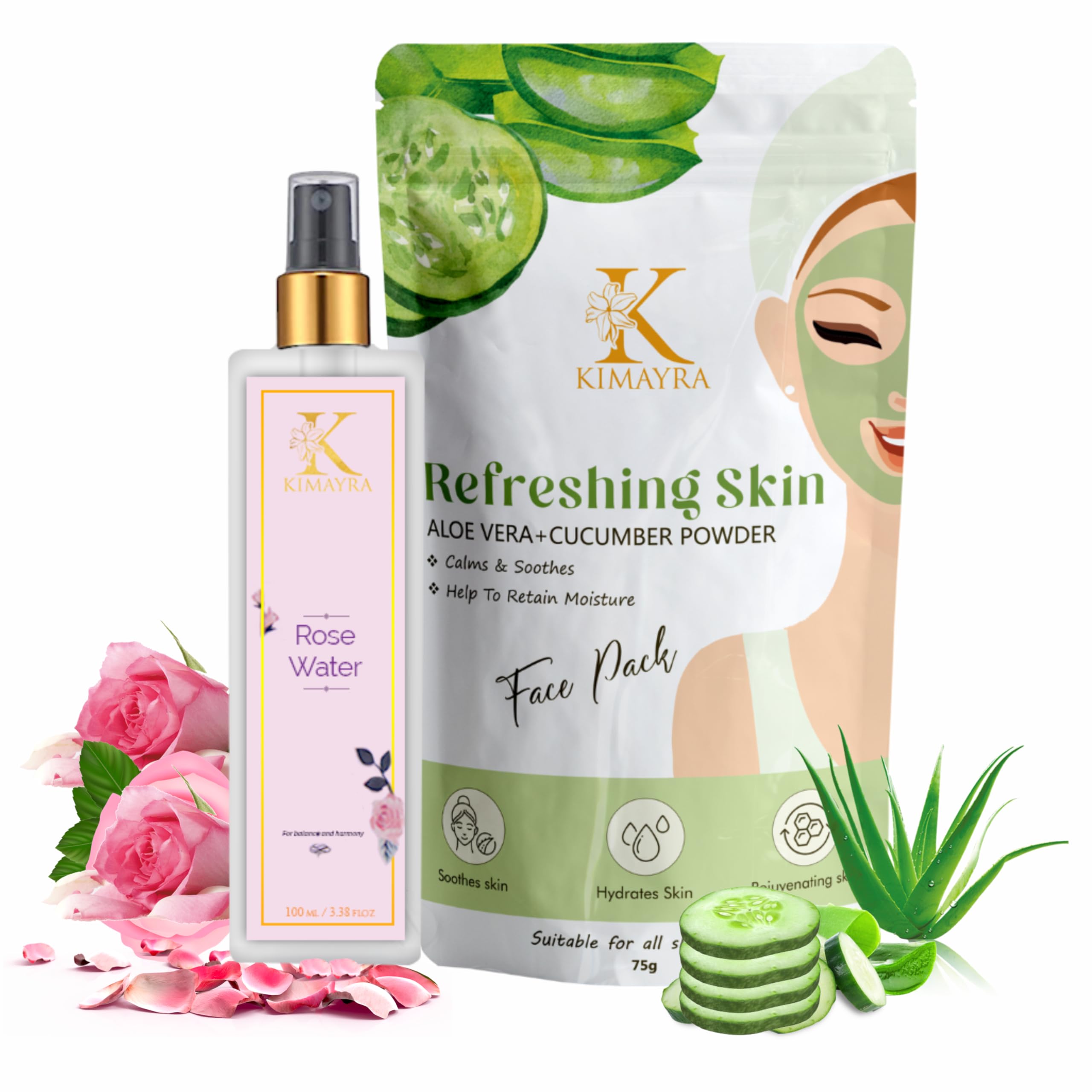 Kimayra Premium Rose Water Facial Mist with Aloe Vera & Cucumber - 100ml Hydrating Face Spray + 75g Refreshing Skin Pack Powder | Natural Skincare Combo for Dry, Oily & Sensitive Skin | Daily Hydration, Post-Workout Refresh & Spa Day Essential