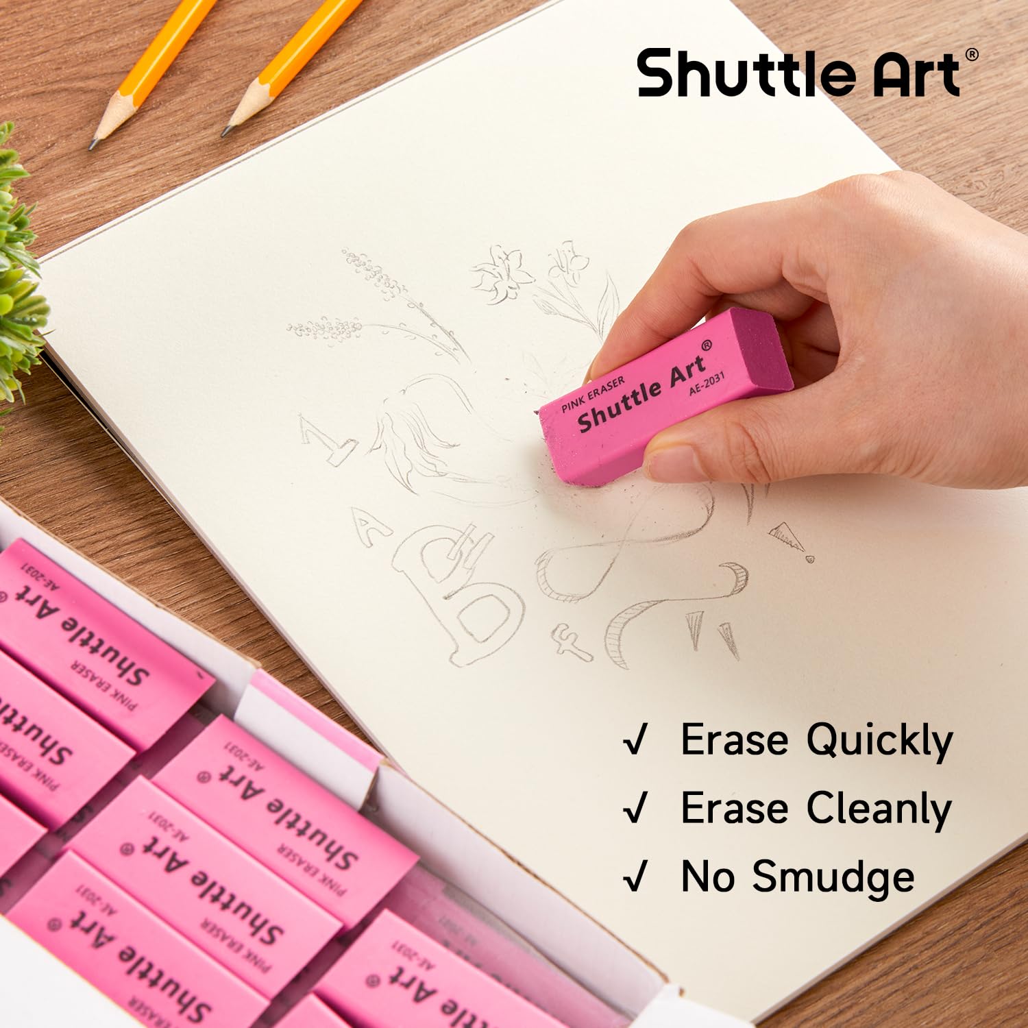 Shuttle Art 36 Pack Pink Erasers - Latex-Free, No Smudge Soft Erasers for Kids, Teachers & Homeschooling - Perfect for School Supplies, Art Classes & Office Use