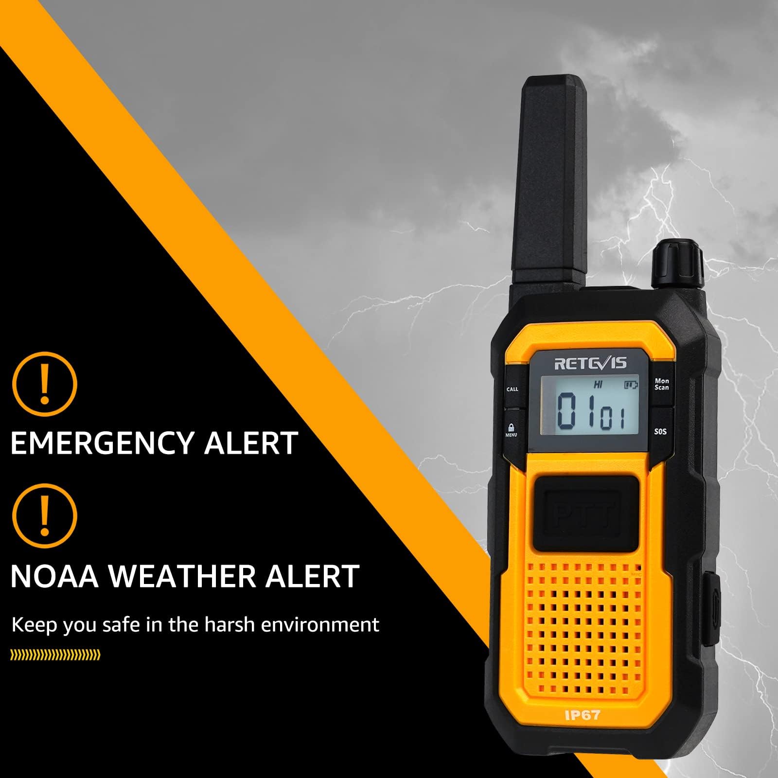 Retevis RB48 Heavy Duty Waterproof Walkie Talkies - 2 Pack Long Range Two Way Radios with 2000mAh Battery, Triple Proof Design for Job Site, Construction, Outdoor Adventures & Emergency Communication (Yellow)