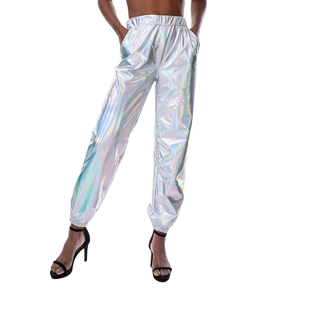 Kaipiclos Women's Reflective Sweatpants - Metallic Shiny Hip Hop Joggers, Holographic Leggings for Dance, Gym & Night Running (Silver, Medium)