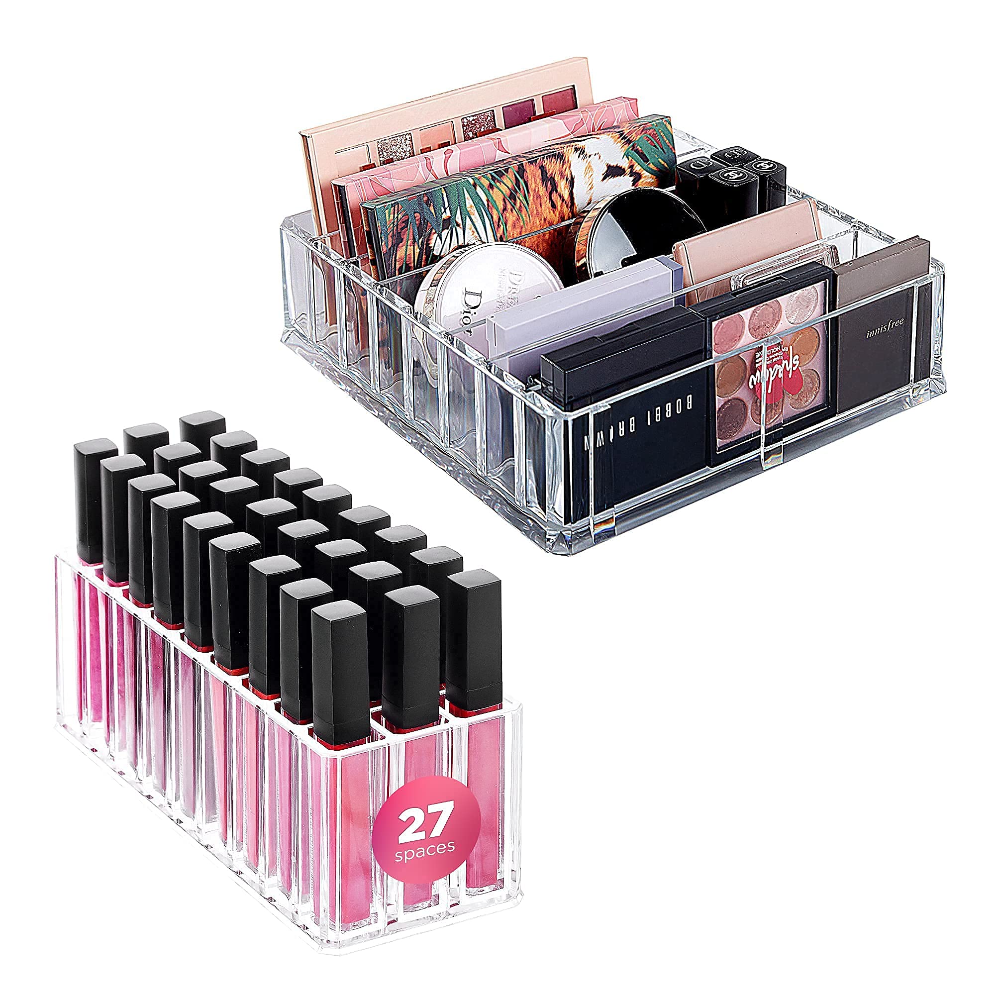 Acrylic Makeup Organizers 2-Piece Set - Eyeshadow Palette (8 Spaces) & Lip Gloss Holder (27 Slots) - Cosmetic Storage for Lipstick, Brushes, and Beauty Tools - Perfect for Vanity, Bathroom, and Travel Organization