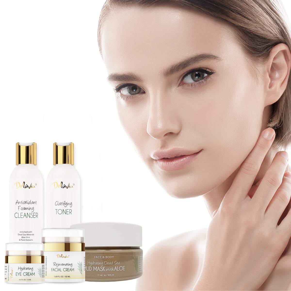 Deluvia Premium Facial Kit - Gentle Foaming Cleanser, Clarifying Toner, Hydrating Moisturizer & Eye Cream with Dead Sea Mud Mask | Complete Skincare Routine for Dry, Sensitive & Acne-Prone Skin | Perfect for Morning & Night Use