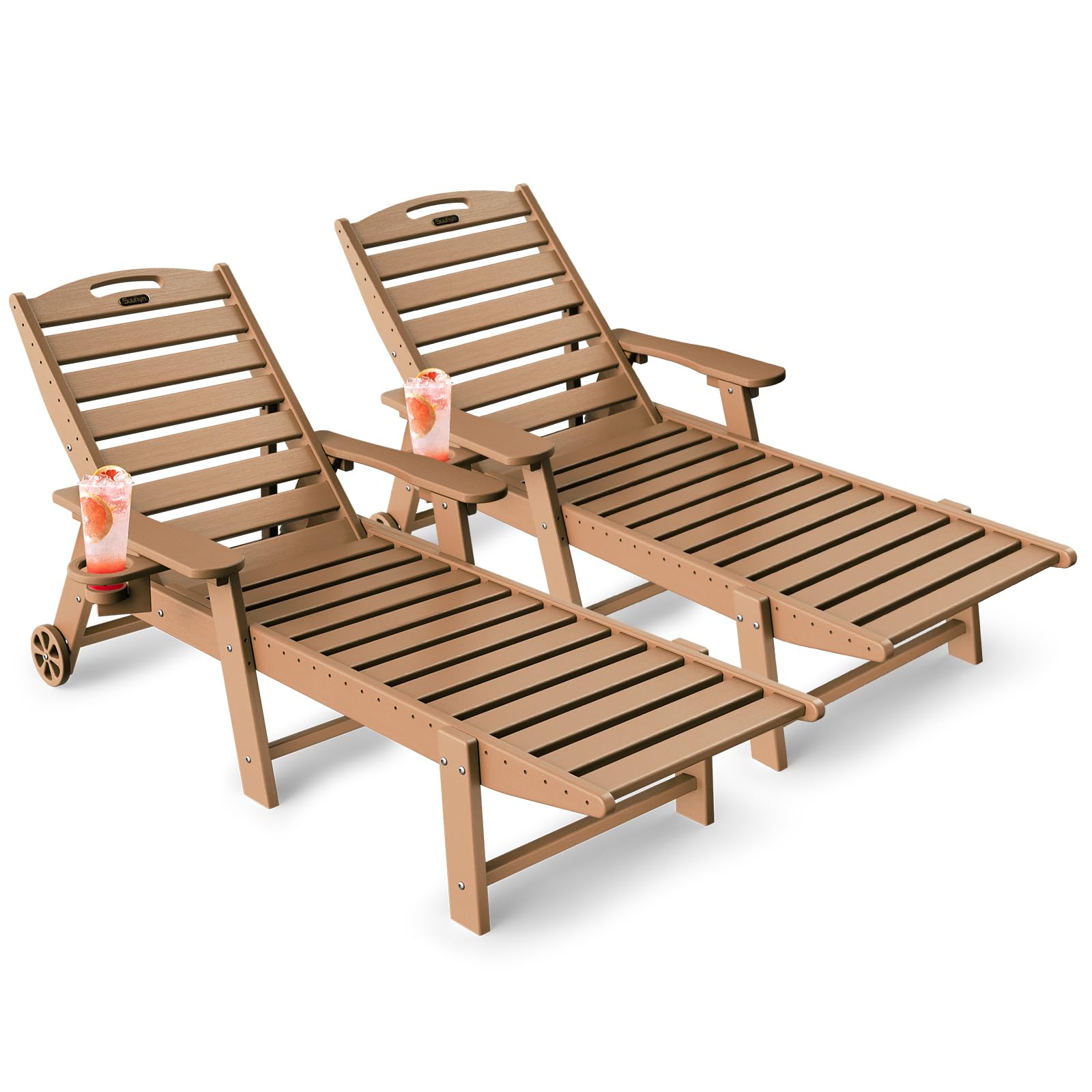 2-Piece HDPE Outdoor Lounge Chair Set with 6-Position Adjustable Back, Wheels & Cup Holders - Teak Poolside Chaise Lounge for Backyard, Patio & Deck Relaxation | Perfect for Sunbathing, Swimming Pool Areas & Outdoor Lounging