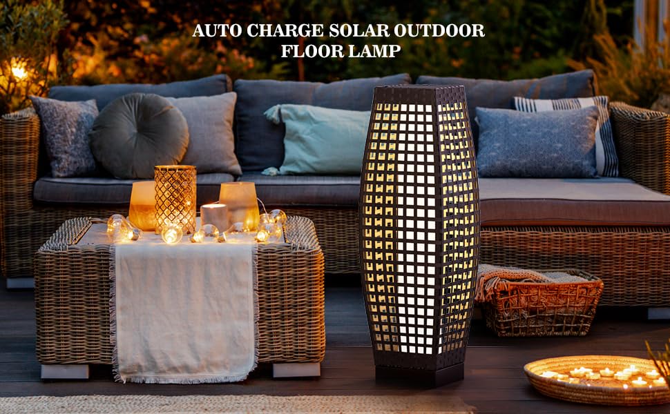 Solar Powered Outdoor Floor Lamp - Waterproof Weather Resistant Square Pattern Solar Lantern for Backyard, Porch, Garden, Deck | Perfect for Christmas Decorations, Patio Lighting & Nighttime Ambiance