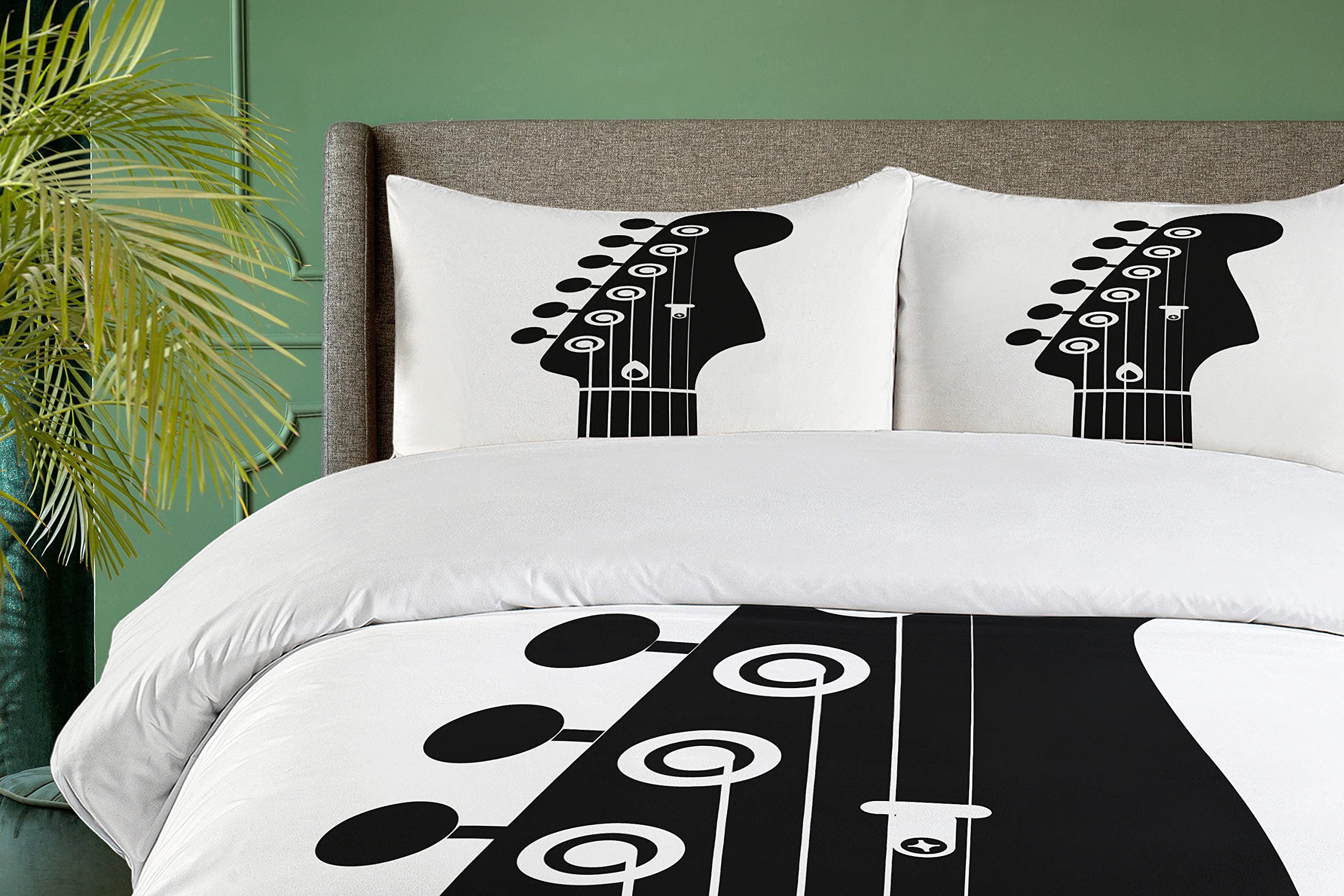 Ambesonne Guitar Duvet Cover Set - Monochrome Half Guitar Design with Strings, 3-Piece King Size Bedding (Duvet Cover + 2 Pillow Shams) in Charcoal Grey & White | Perfect for Music Lovers' Bedroom, Teen Room Decor & Guitar Enthusiast Gifts