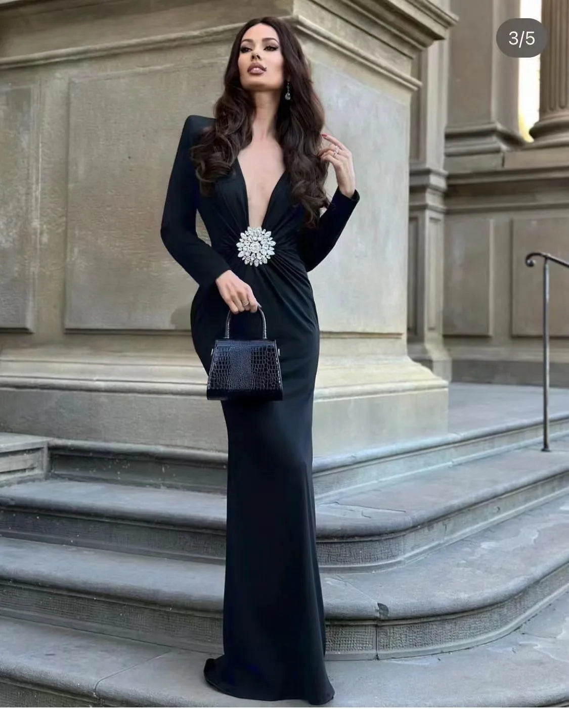 Black Red White Women's Long Sleeve V-Neck Sparkling Crystal Bodycon Dress - Elegant Evening Party, Cocktail, Prom, Wedding & Special Occasion Outfit