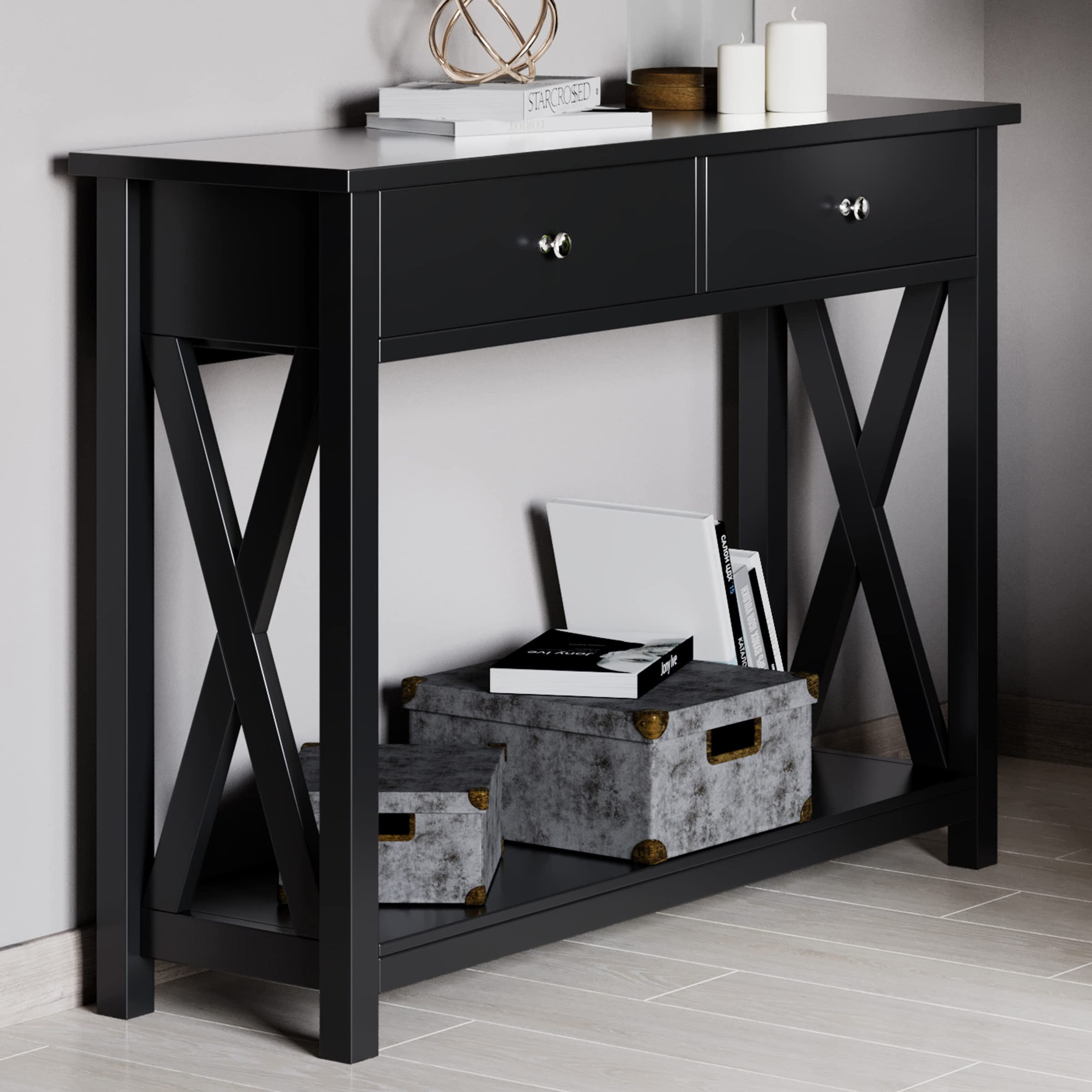 Lavish Home Black Console Table with 2 Drawers & Storage Shelf - Sturdy X-Braced Legs Entryway Table for Living Room, Hallway, or Foyer - Perfect for Home Decor, Small Space Organization & Entry Storage Solutions