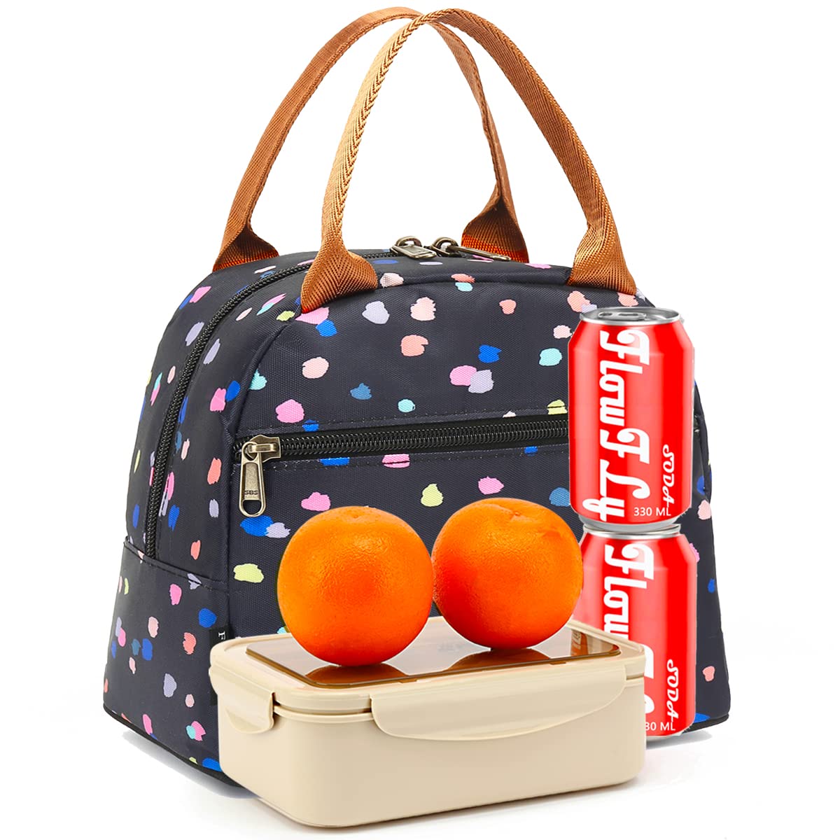 FlowFly Insulated Lunch Bag Tote - Reusable Cooler Lunch Box for Women & Men, Black Floral Design - Perfect for Work, School, Picnics & Outdoor Activities