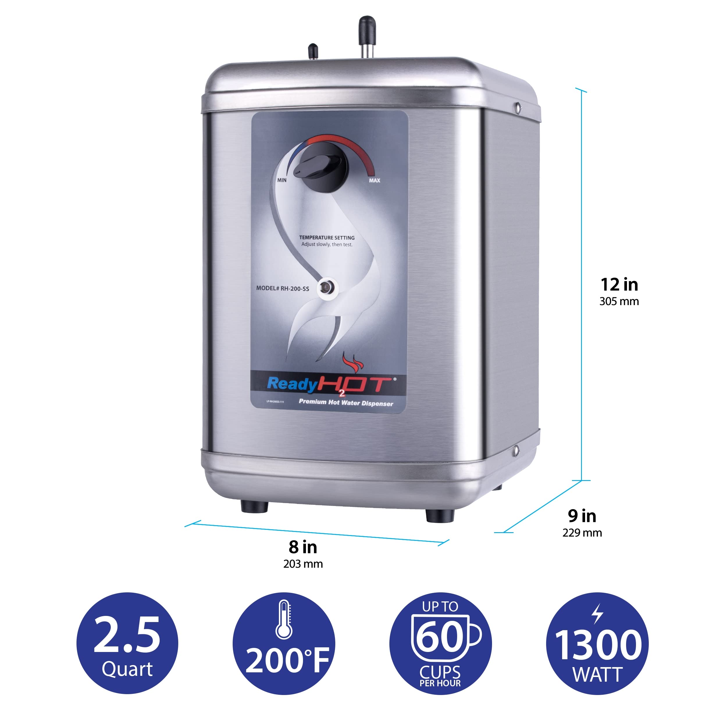 Ready Hot 41-RH-200-F560-BN Instant Hot Water Dispenser System - 2.5 Quarts Capacity, Manual Dial Dual Lever Hot & Cold Water Faucet in Brushed Nickel Finish | Perfect for Kitchen, Office & Tea/Coffee Stations