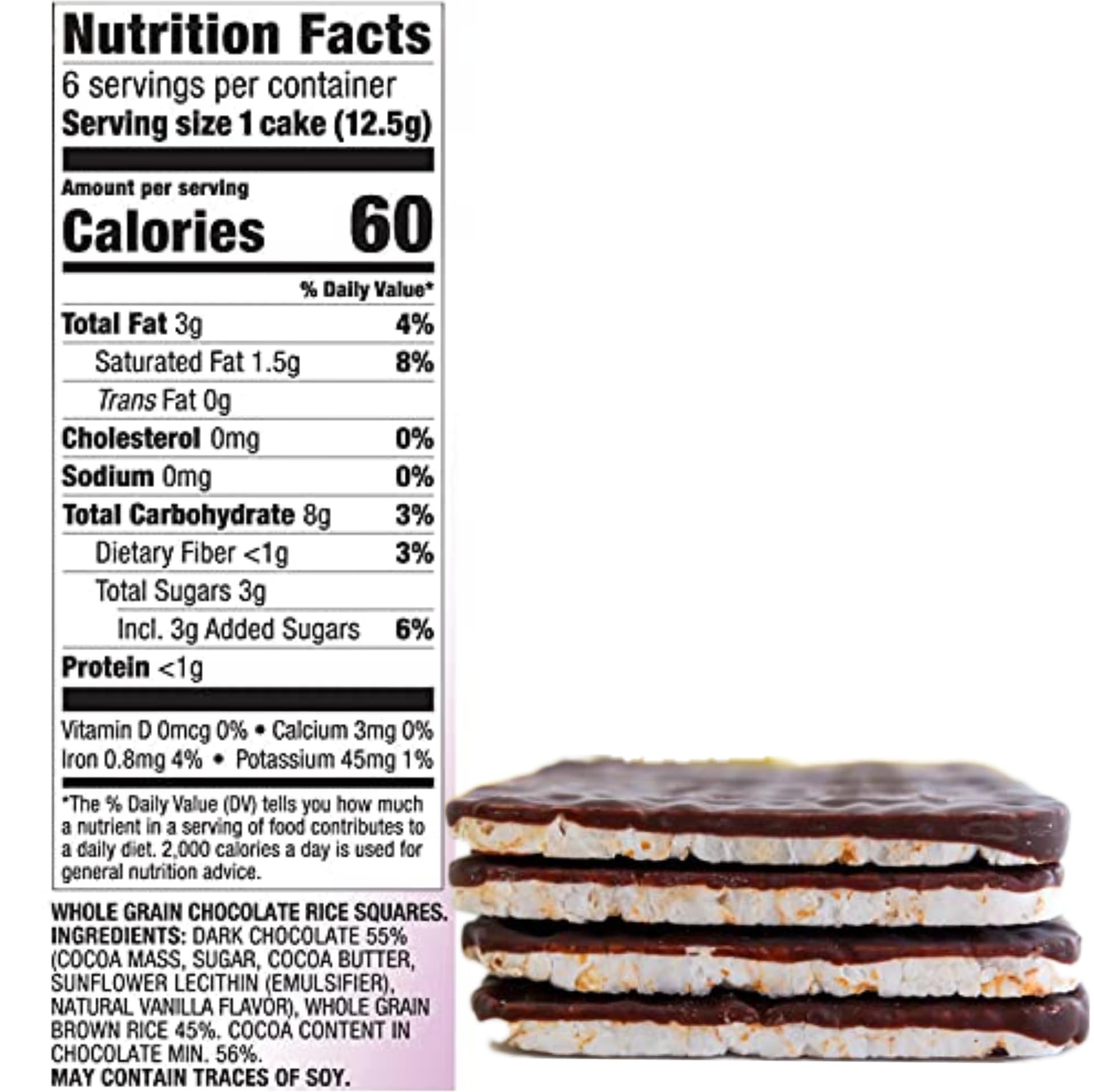 Organic Chocolate Covered Rice Cakes Squares - Whole Grain, Dairy Free, Gluten Free, Kosher Certified, Low Calorie Healthy Snacks (2.6oz, Pack of 3) - Perfect for Office, School & On-The-Go Energy Boost