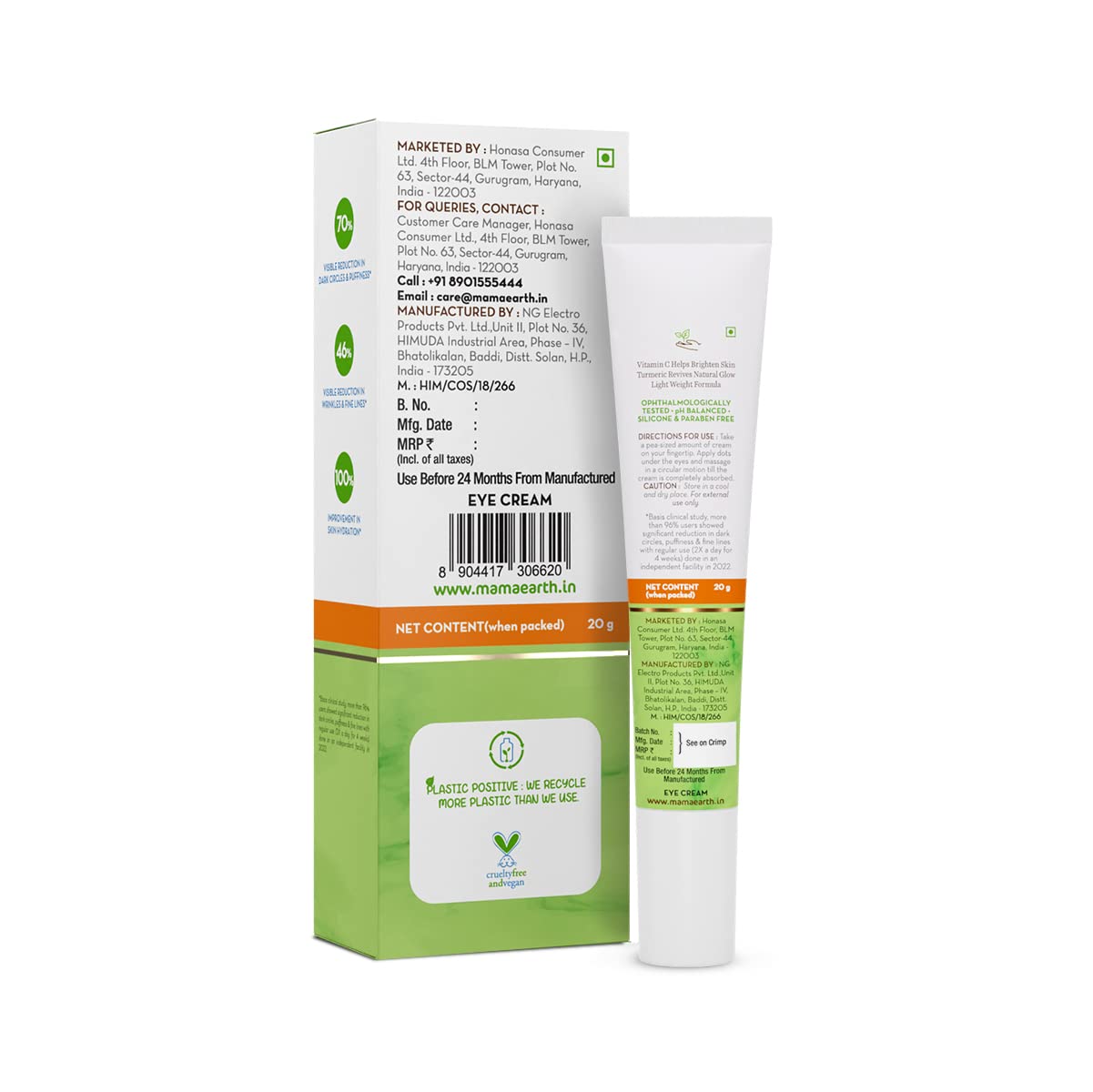 Mamaearth Vitamin C & Turmeric Under Eye Cream for Dark Circles - Ophthalmologist Tested, Safe Certified (20g) | Brightening Eye Treatment for Daily Glow, Dark Circle Reduction & Puffiness Relief