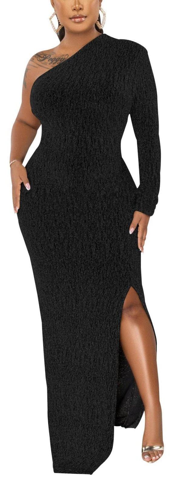 Elegant Women's Formal Long Sleeve Evening Dress - Sexy One Shoulder Cocktail Gown with High Split for Party, Wedding, Prom & Special Occasions