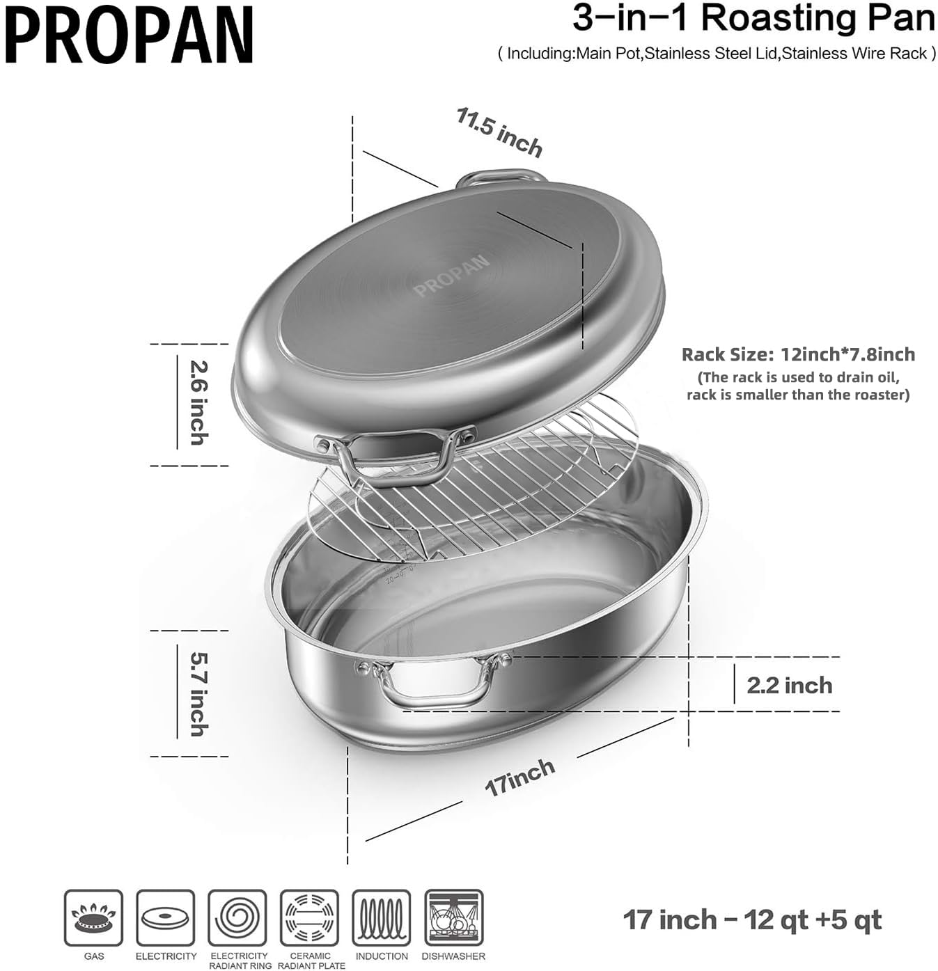 PROPAN 12 Quart Roasting Pan with Rack & Lid - 18/10 Stainless Steel Oval Dutch Oven - Induction Compatible, Dishwasher & Oven Safe Turkey Roaster (17 Inch) - Perfect for Holiday Meals, Roasting Turkey, Chicken, Beef & Baking Casseroles