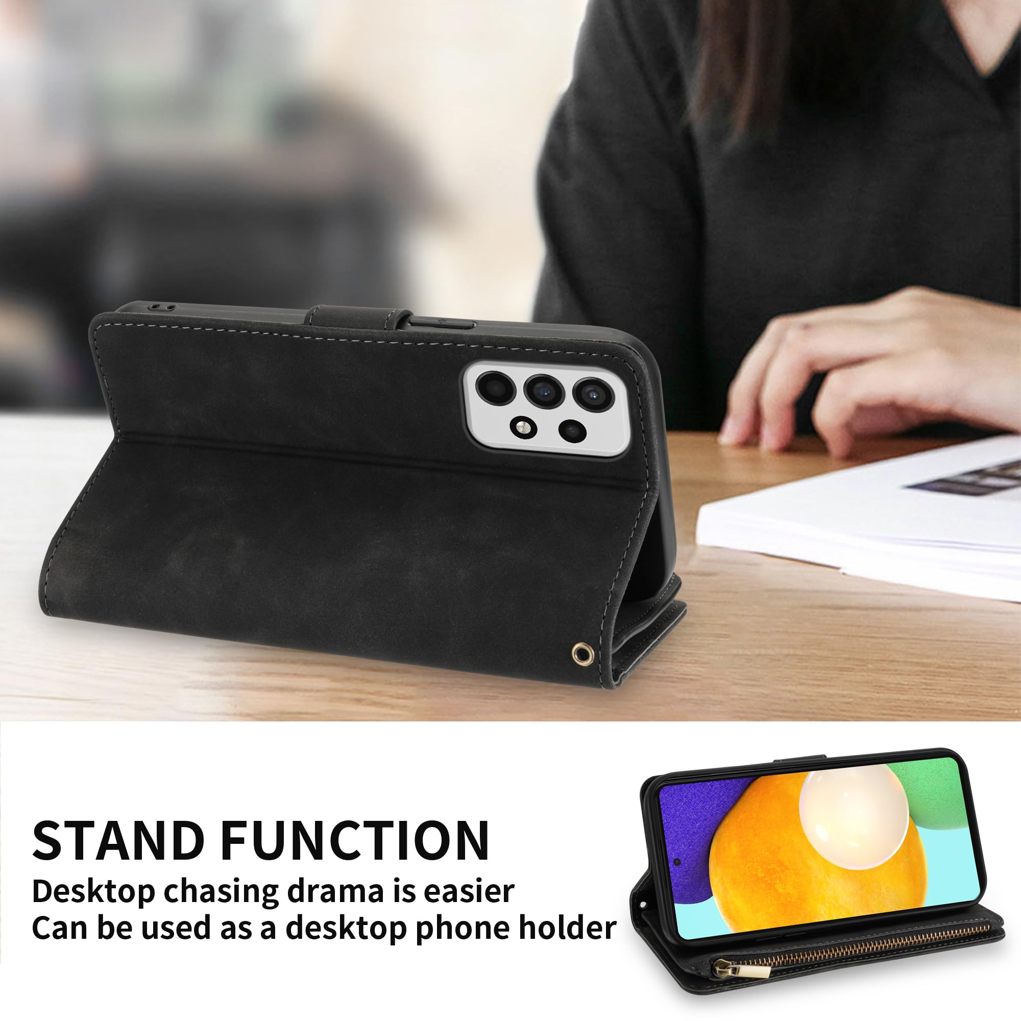 Premium Soft PU Leather Zipper Flip Wallet Case for Samsung Galaxy A52/A52S 5G (6.5 inch) - Card Slots, Wrist Strap & Kickstand | Protective Cover for Daily Use, Travel & Business Meetings (Black)