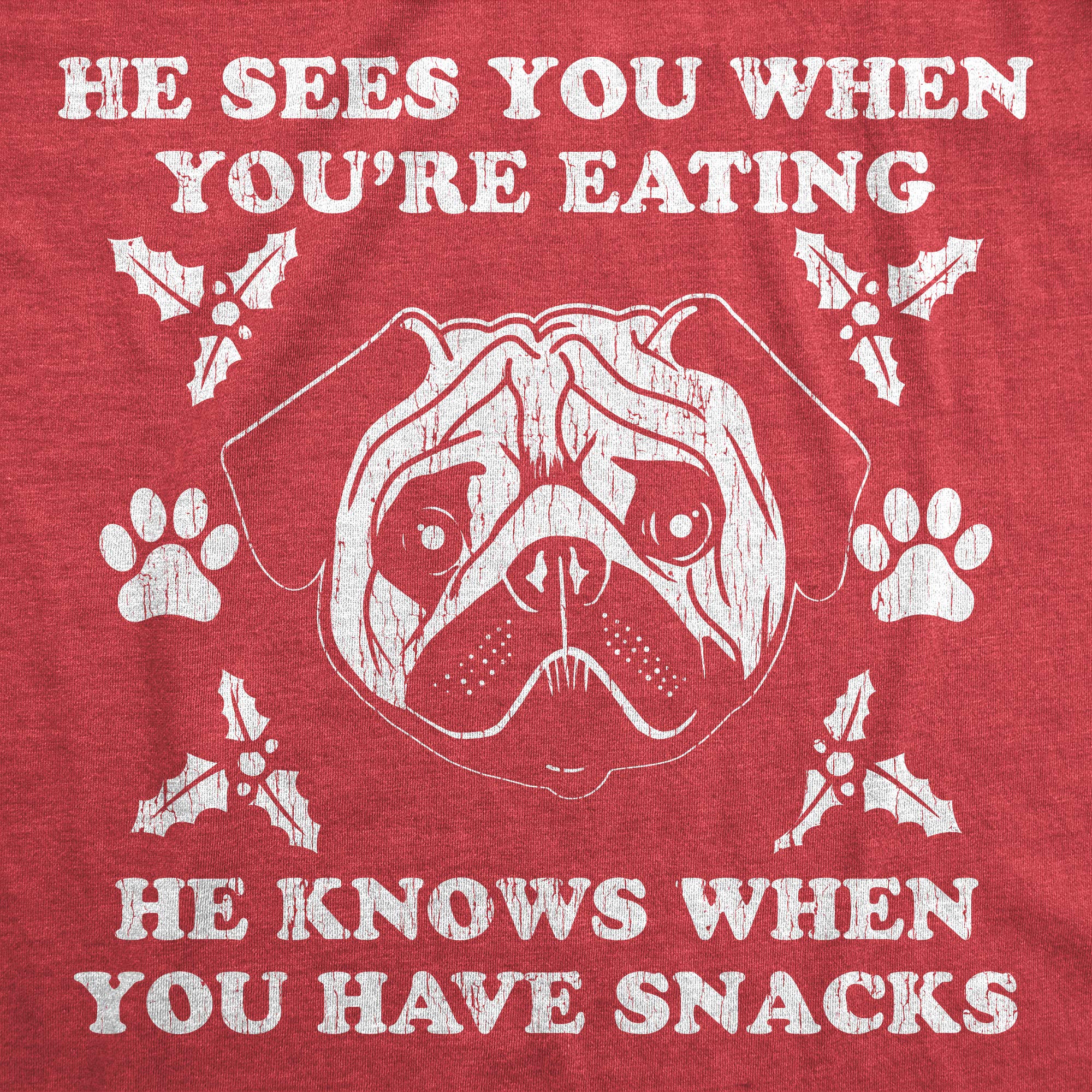 Funny Christmas Pug T-Shirt for Men - 'He Sees You When You're Eating' Novelty Graphic Tee - Perfect for Holiday Parties, Gift Exchanges & Festive Family Gatherings
