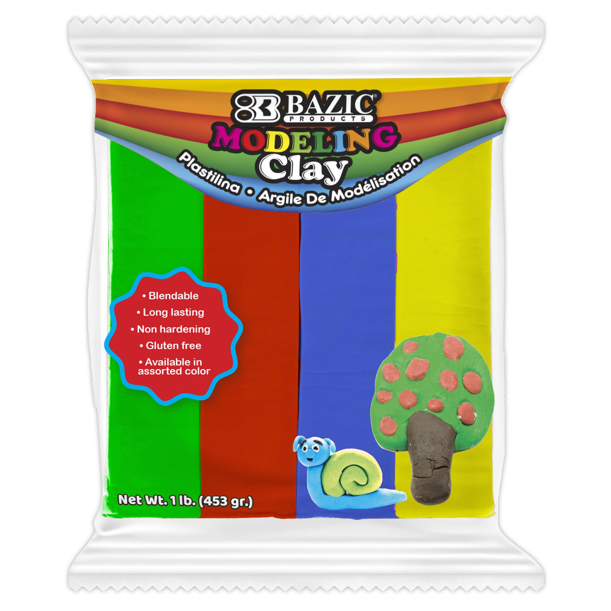BAZIC 1 LB Modeling Clay - 4 Primary Colors, Non-Toxic Lightweight Art Dough for Kids, Toddlers & Artists | Perfect for Classroom Crafts, DIY Projects & Creative Play | Bulk 1-Pack Gift for Boys & Girls