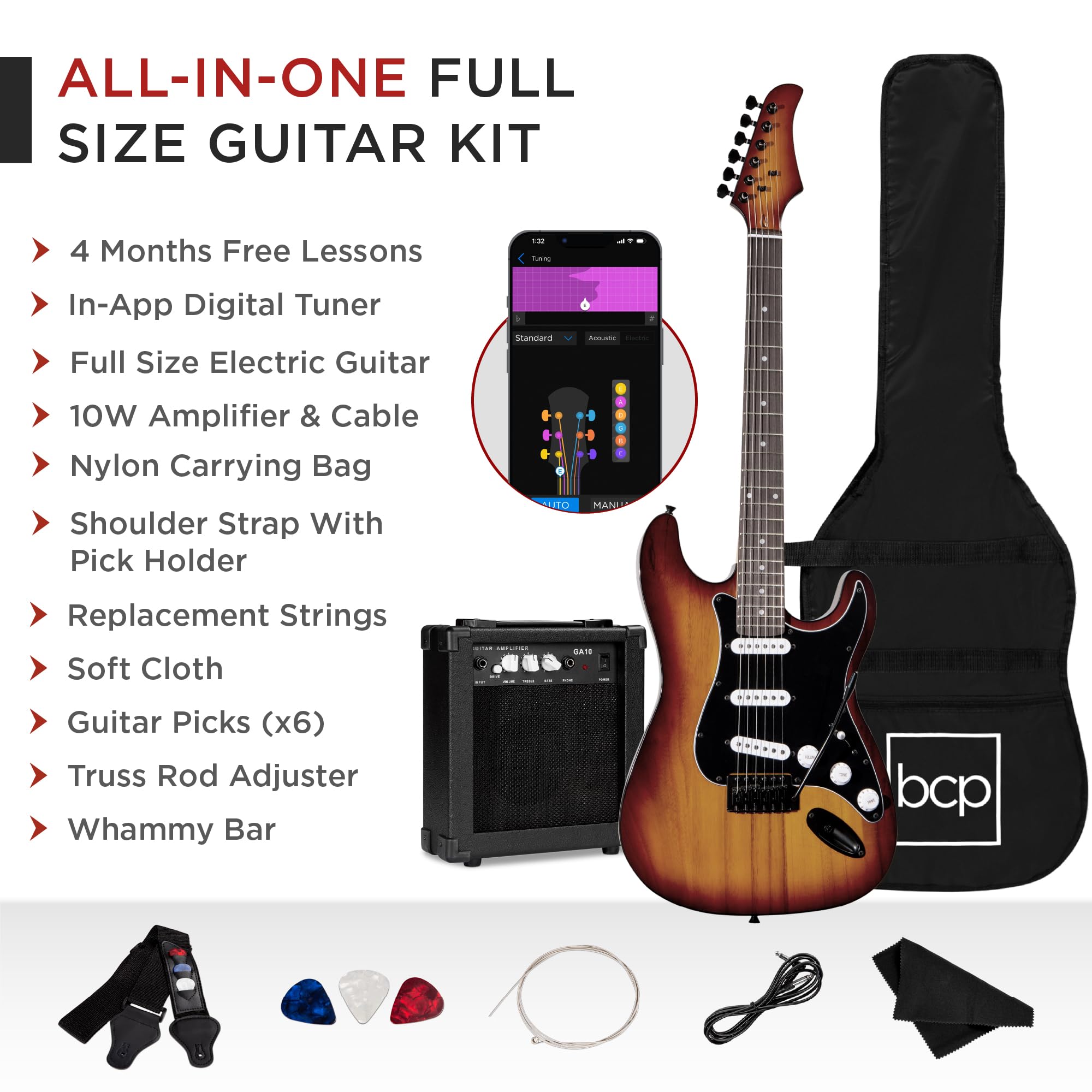 Best Choice Products 39-inch Full Size Beginner Electric Guitar Starter Kit with Case, Strap, 10W Amp, Strings, Pick & Tremolo Bar - Bourbon Finish | Perfect for Beginners, Practice, Live Performances & Home Studio Recording