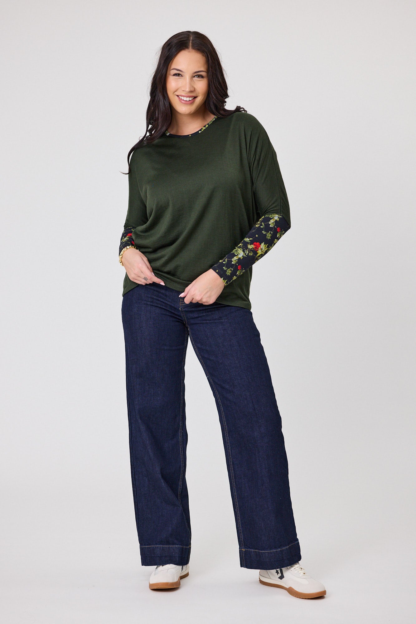 Alpine by Shine On Lyon Merino Wool Long Sleeve Top - Olive Green with Floral Print Sleeves | Women's Soft & Breathable Base Layer for Hiking, Yoga & Outdoor Activities