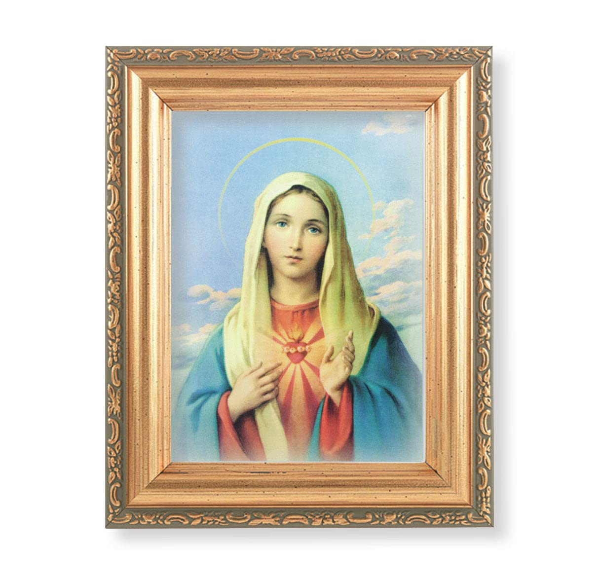 Immaculate Heart of Mary Framed Wall Art - Antique Gold Leaf Finish with Acanthus Leaf Design - Catholic Home Decor for Living Room, Bedroom & Prayer Space