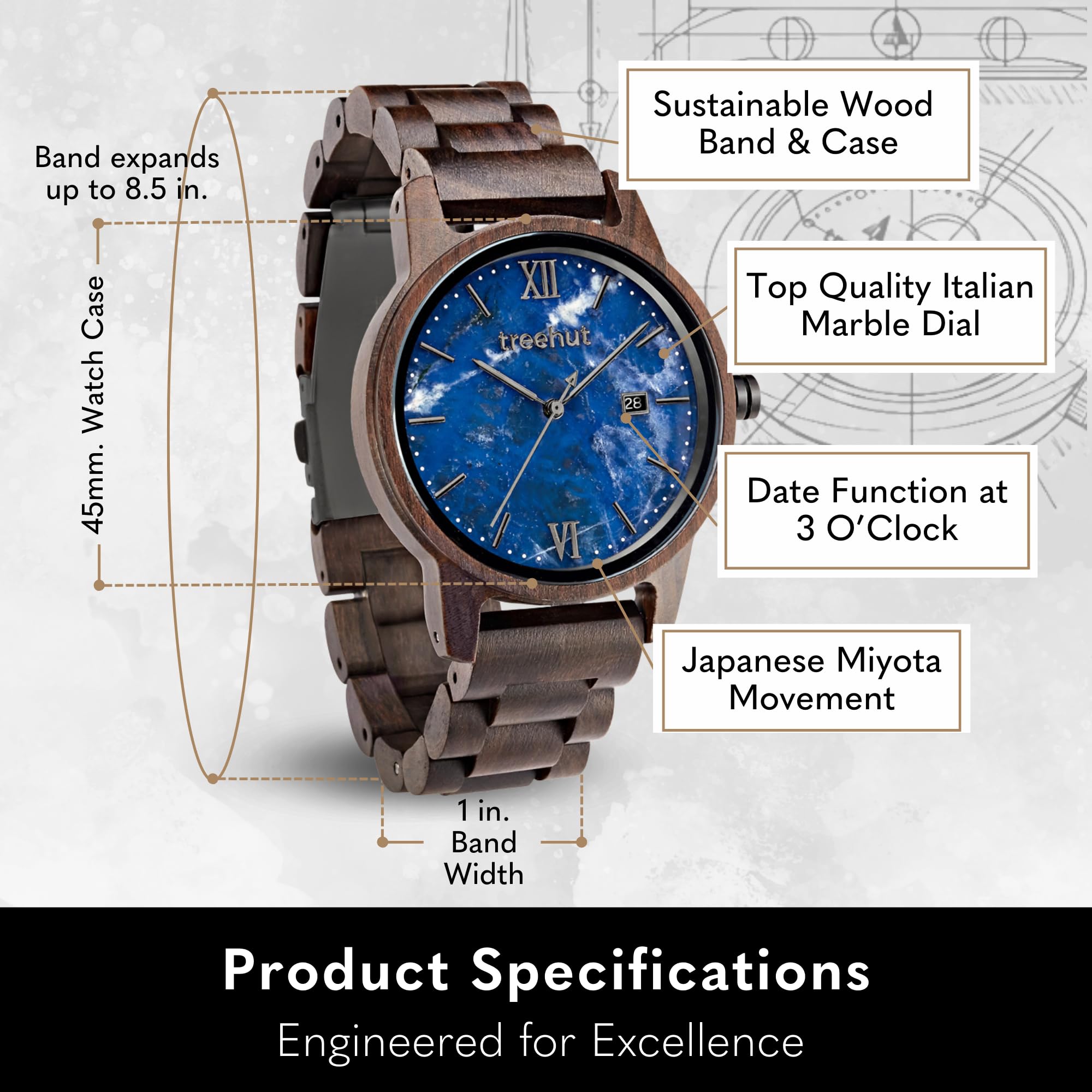Treehut Men's Wooden Watch with Japanese Quartz Movement - Real Wood Strap & Stainless Steel Clasp - Analog Date Display Wristwatch - Perfect Gift for Him (Father's Day, Anniversary, Birthday) - Eco-Friendly Wooden Watch for Outdoor & Business Occasions