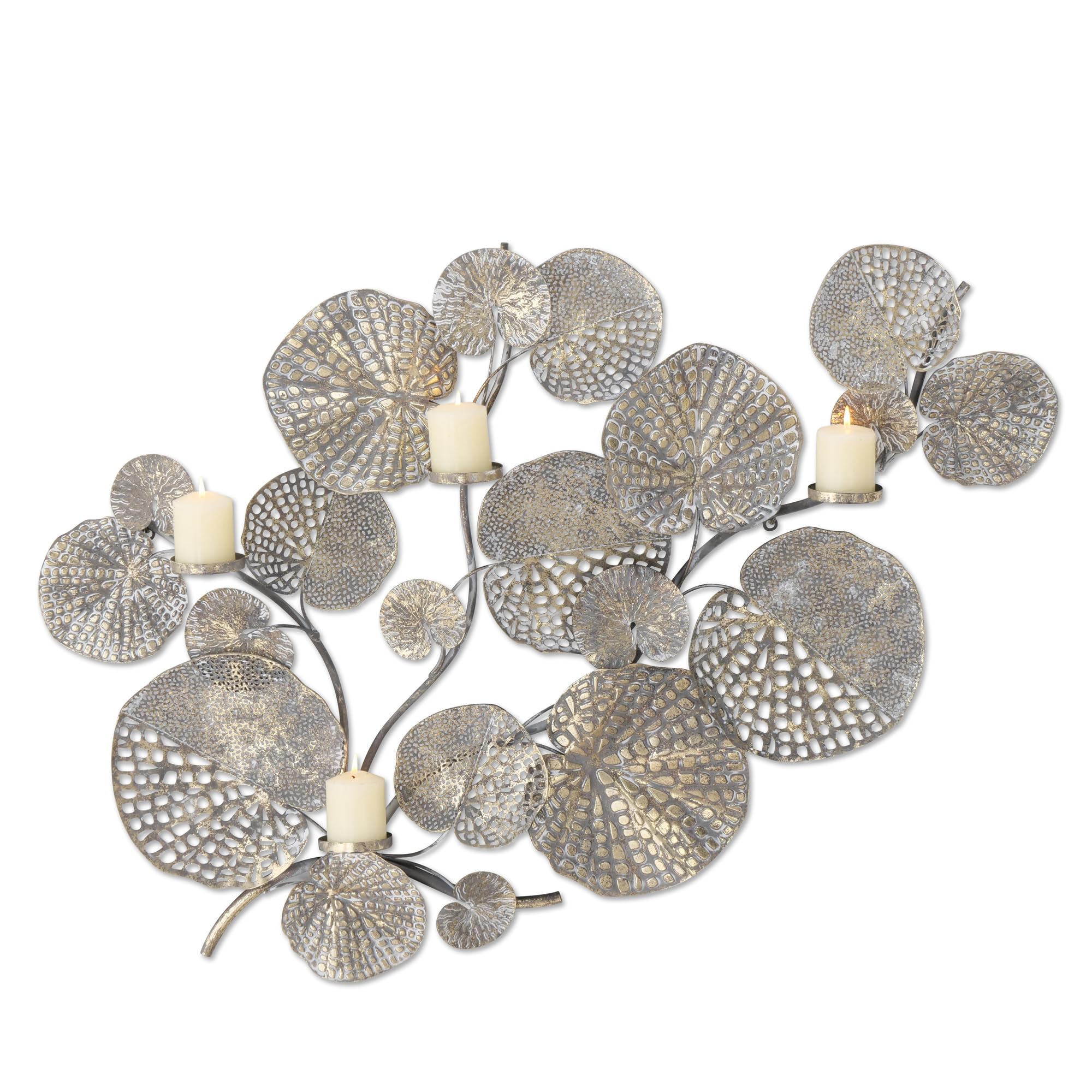 Modernist Botanical Metal Wall Art Sculpture - 4 Candle Abstract Bas Relief with 21 Layered Leaves, Tonal Gold Gilt & Antique Silver Finish, Hand-Welded Patina Decor (41.25x28.25 Inches) - Perfect for Living Room, Bedroom, or Office Decoration