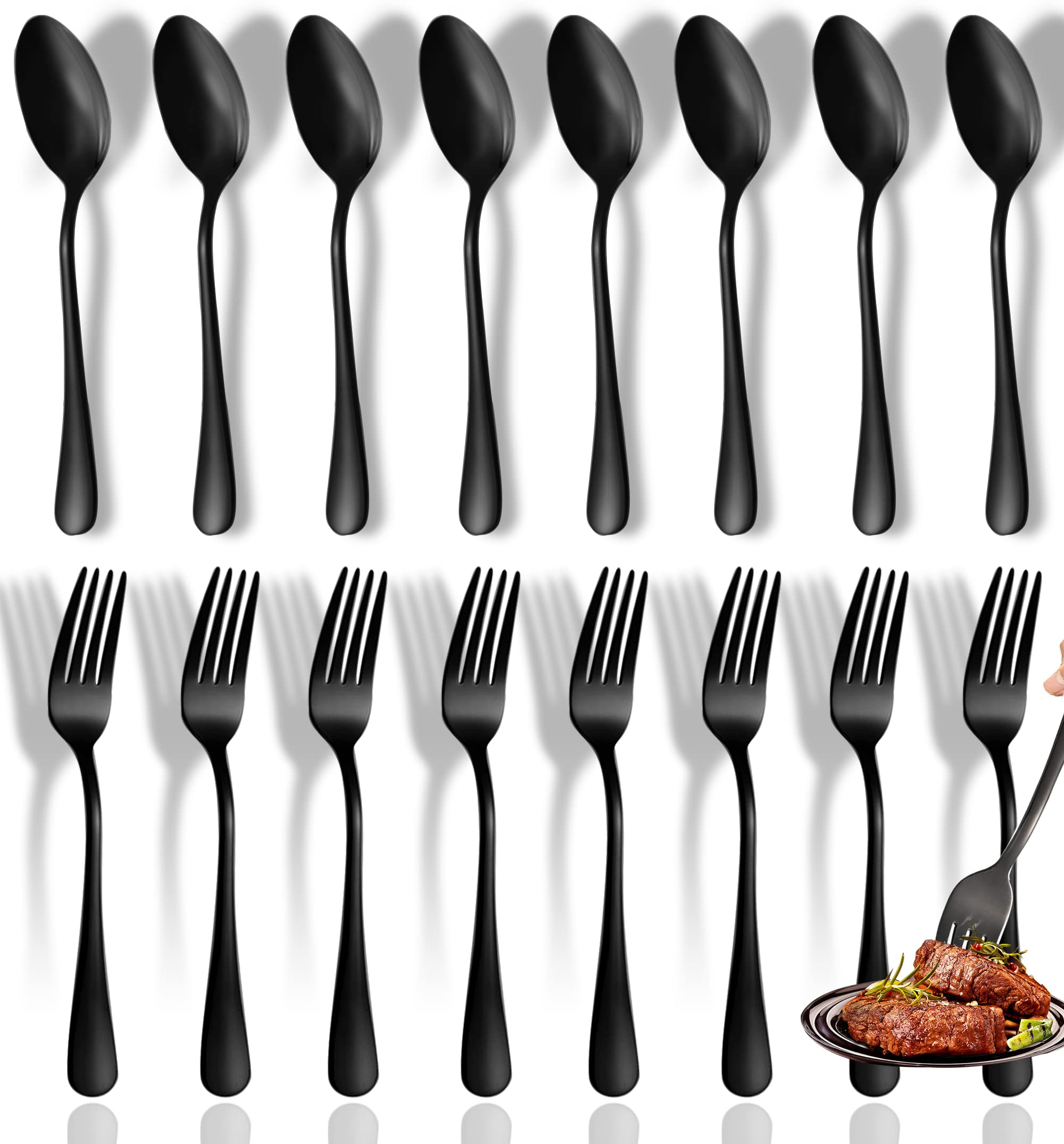 Premium 16-Piece Stainless Steel Cutlery Set - 8 Black Forks & Spoons (8