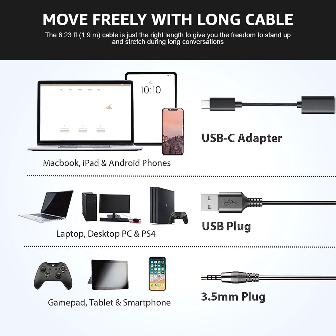 Wantek USB & 3.5mm Jack Professional Headset with Noise Cancelling Microphone - Type C Adapter Included for PC, MacBook, Smartphone - Perfect for Call Center, Online Chat, Business & Online Courses