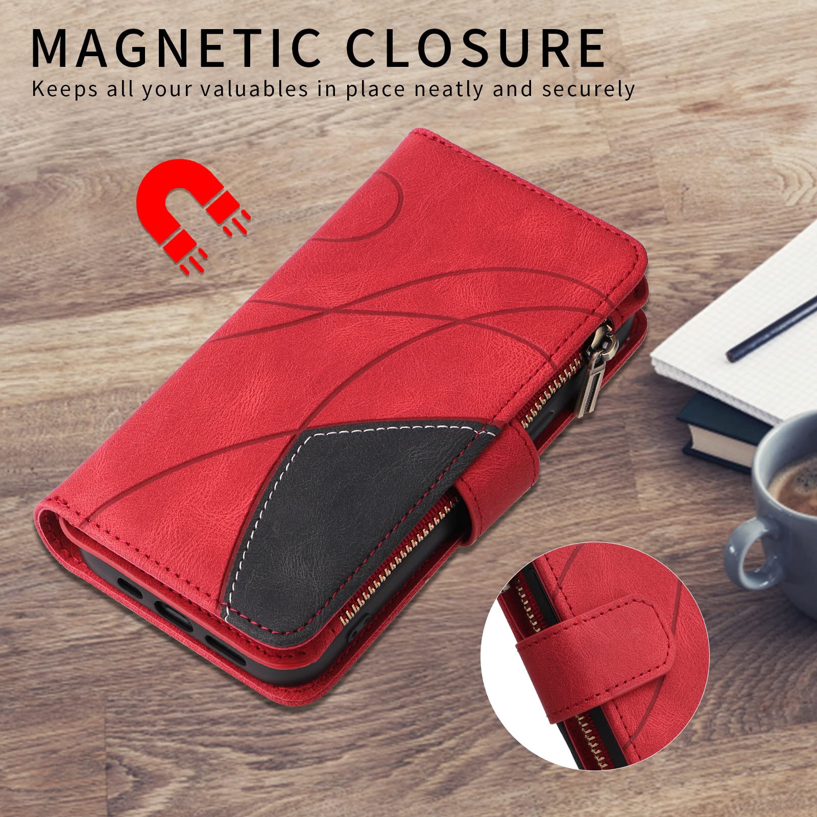 XYZ PU Leather Flip Wallet Case for OnePlus Nord N20 5G & Oppo A96 5G - Zipper Purse Phone Cover with 9 Card Slots & Wrist Strap (Red) | Perfect for Travel, Shopping & Everyday Use